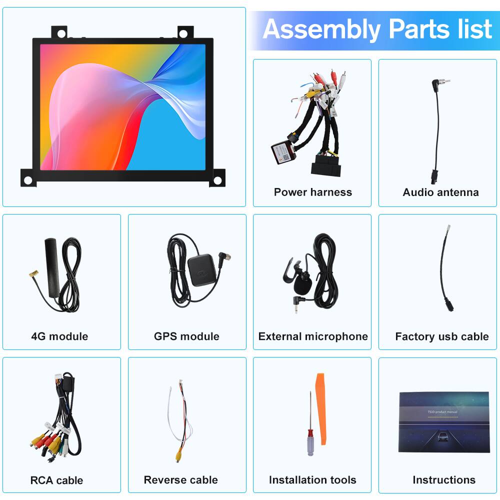 Assembly Parts list

- 4G module
- GPS module
- Power harness
- Audio antenna
- External microphone
- Factory usb cable
- RCA cable
- Reverse cable
- Installation tools
- Instructions