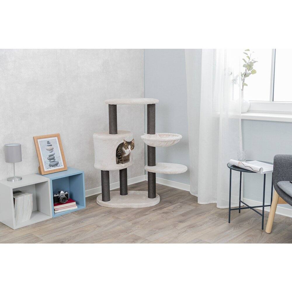 Angle. TRIXIE - Moriles Plush & Sisal 3-Level Cat Tree with Scratching Posts & Condo - Light Gray.