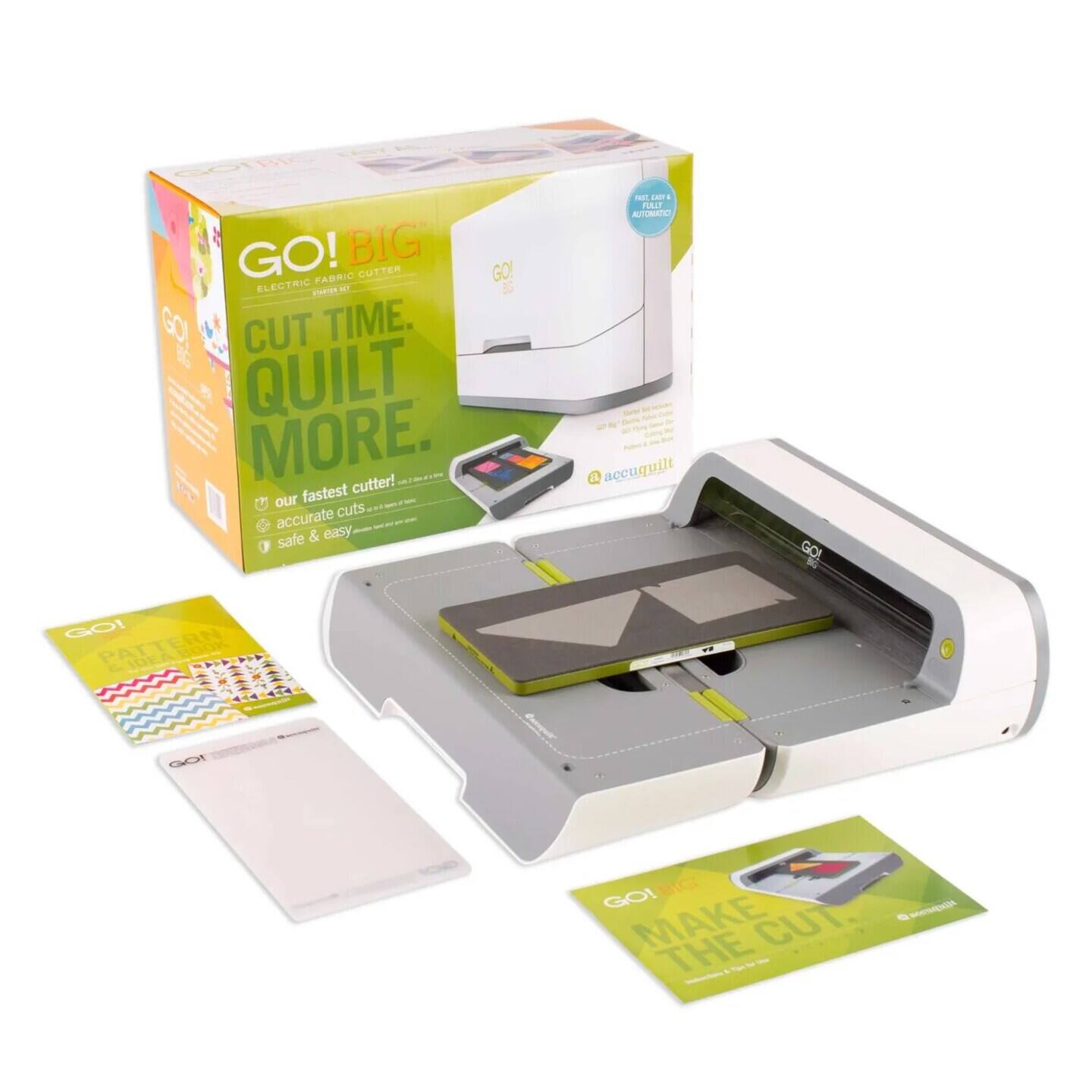 GO! BIG  
ELECTRIC FABRIC CUTTER  

CUT TIME.  
QUILT MORE.  

our fastest cutter!  
accurate cuts  
safe & easy  

FULL CUTTER AUTOMATIC  

MAKE THE CUT  

GO! PATTERN IDEAS