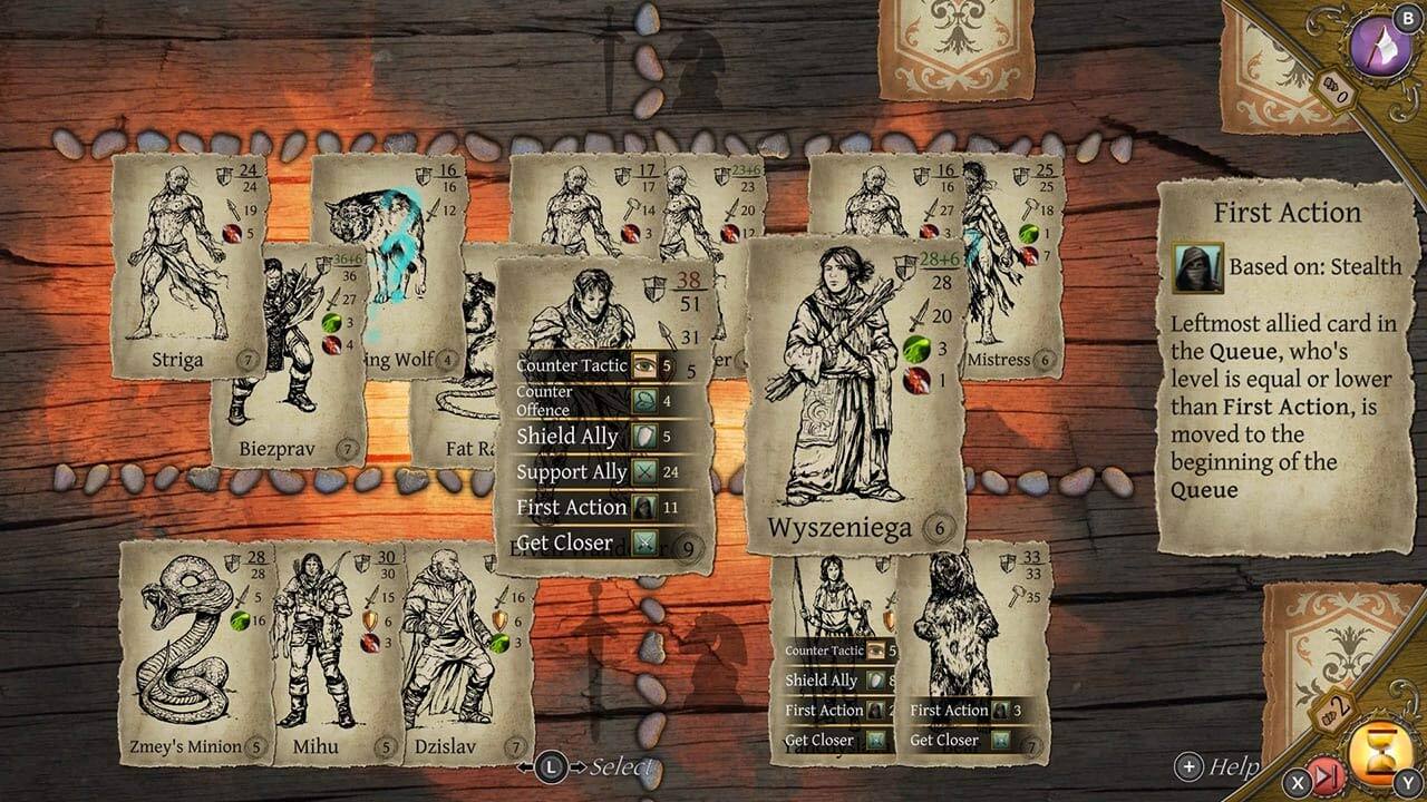 Sure, here is the corrected and grouped text from the image:

**Top Row:**
- Striga 7
- Ing Wolf 4
- Counter Tactic 5
- Counter 4
- Offence Shield Ally 5
- Biezprav 7
- Fat R Support Ally 24
- First Action 11
- Get Closer 9

**Middle Row:**
- 28+6 28 30 5 15 16 23 46 16 25 23 16 25 20 27 18 12 3 1
- Wyszenia 6
- 33 33 35

**Bottom Row:**
- Zmey's Minion 5
- Mihu 5
- Dzislav 7

**Right Side:**
- First Action
  - Based on: Stealth
  - Leftmost allied card in the Queue, who's level is equal or lower than First Action, is moved to the beginning of the Queue

**Bottom Right:**
- Counter Tactic 5
- Shield Ally 3
-