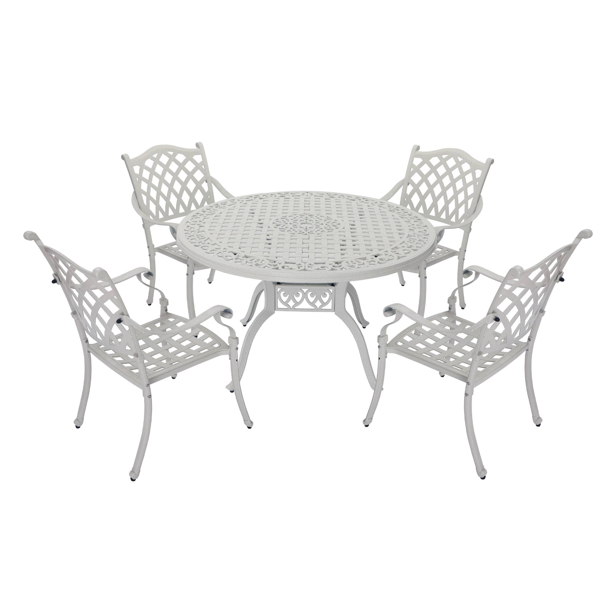 Back. Mondawe - 5-Piece Cast Aluminum Dining Set with Round Table and 4 Checkered Weave Chairs - White.