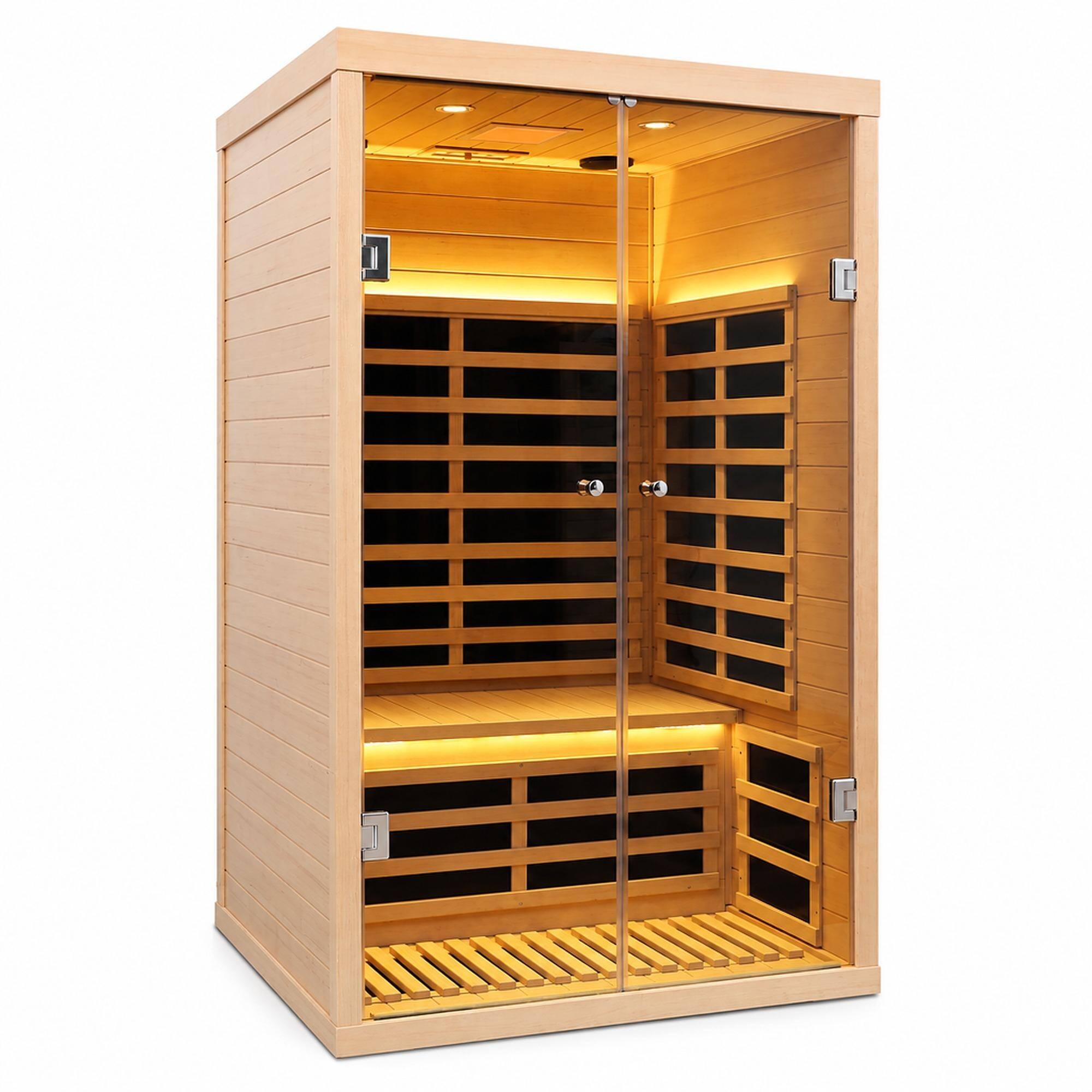 Front. RYHNUYNE - 2 Person Far Infrared Sauna, Hemlock Wood, Glass Double Doors, Low EMF, Indoor Home Spa - Natural Wood.