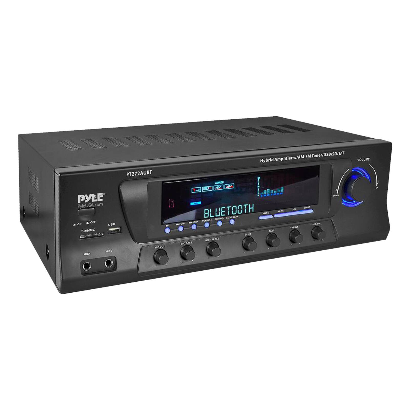 PT272AUBT Hybrid Amplifier w/AM-FM Tuner/USB/SD/BT  
VOLUME  
PYLE  
PYLEUSA.com  
BLUETOOTH  
SD/MMC  
USB  
MIC1  
MIC2  
MIC VOL  
MIC PWR  
EQ  
BASS  
TREBLE  
VOL  
PT272AUBT