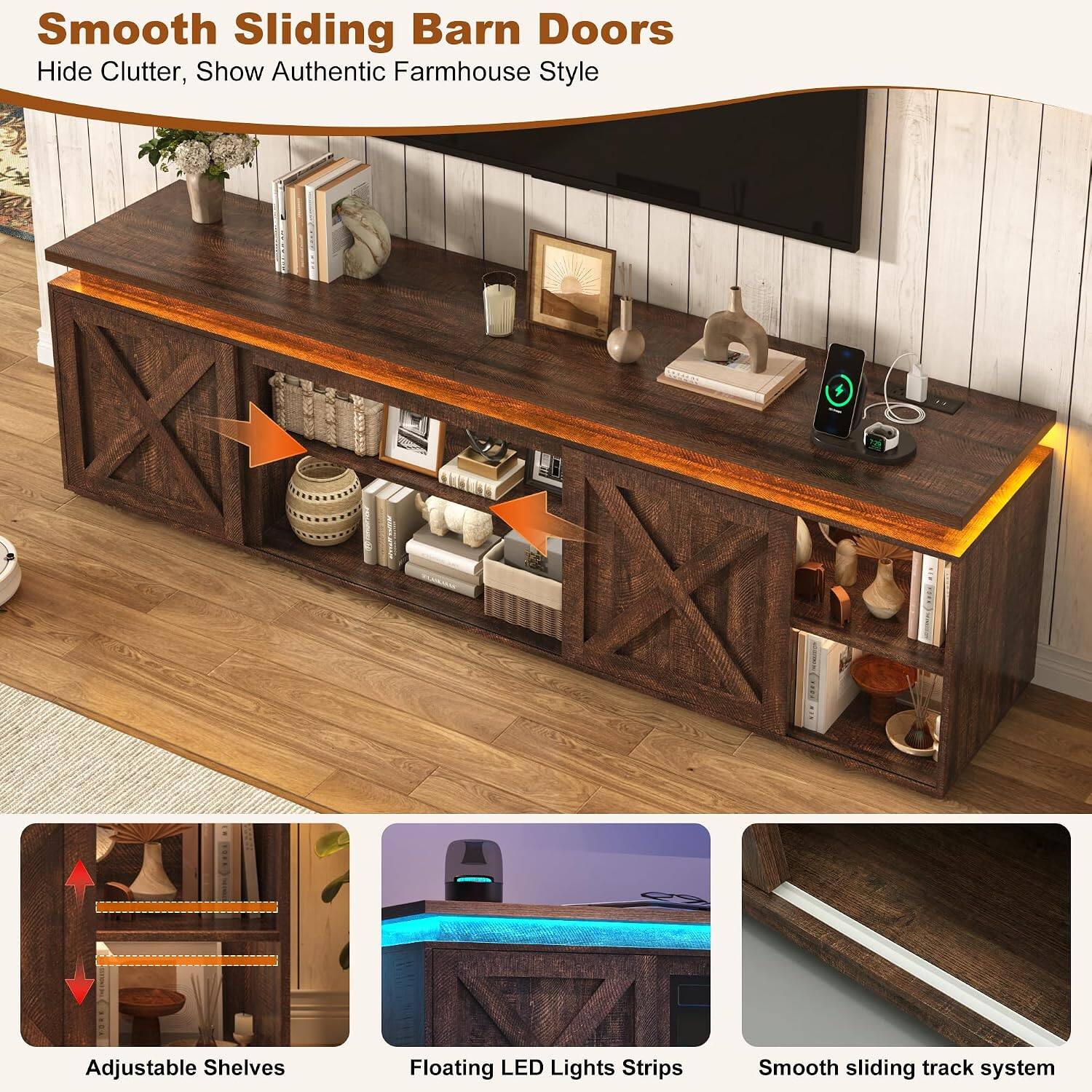 Smooth Sliding Barn Doors Hide Clutter, Show Authentic Farmhouse Style

Adjustable Shelves

Floating LED Lights Strips

Smooth sliding track system
