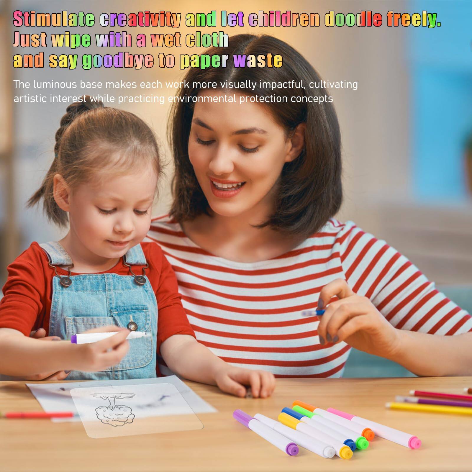 Stimulate creativity and let children doodle freely. Just wipe with a wet cloth and say goodbye to paper waste.

The luminous base makes each work more visually impactful, cultivating artistic interest while practicing environmental protection concepts.