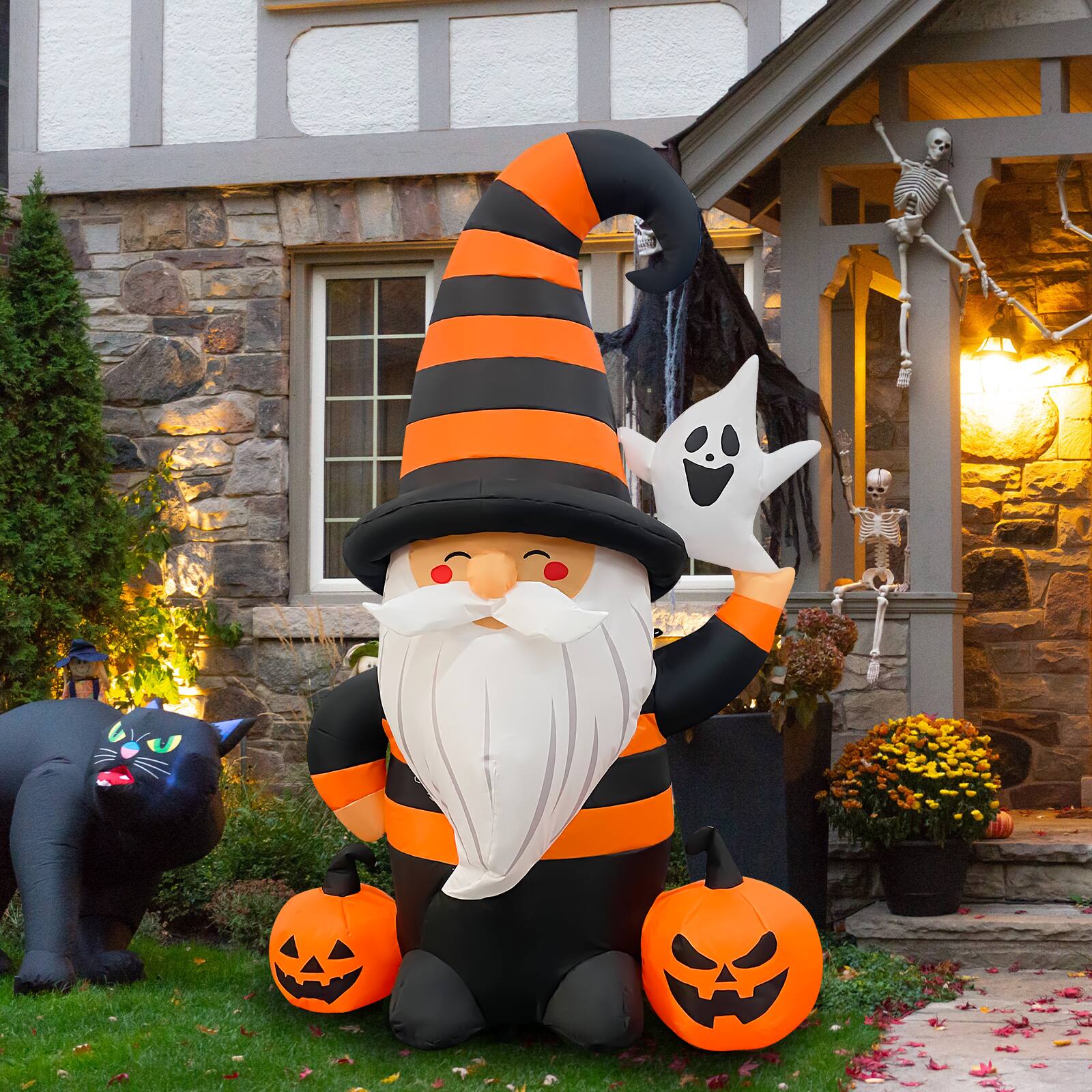 Back. GOOSH Inflatables - GOOSH 5FT Inflatable Halloween Gnome with Pumpkins and Ghost – Light-Up Yard Decoration - Orange.