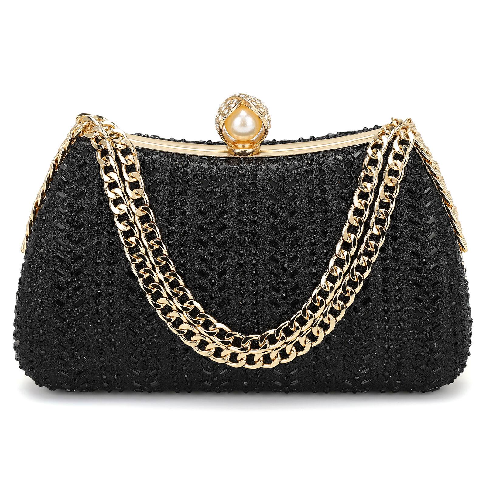 Front. Unique Bargains - Rhinestone Glitter Clutch Purse for Women, Sequin Evening Bag with Pearl Sparkly Wedding Handbag for Bride Party - Black.