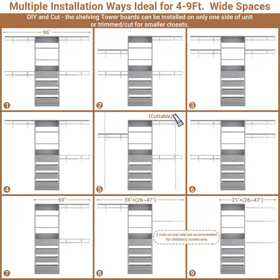Aheaplus 2 Piece Wooden Closet System with 8 Hanging Rods & 4 Drawers ...