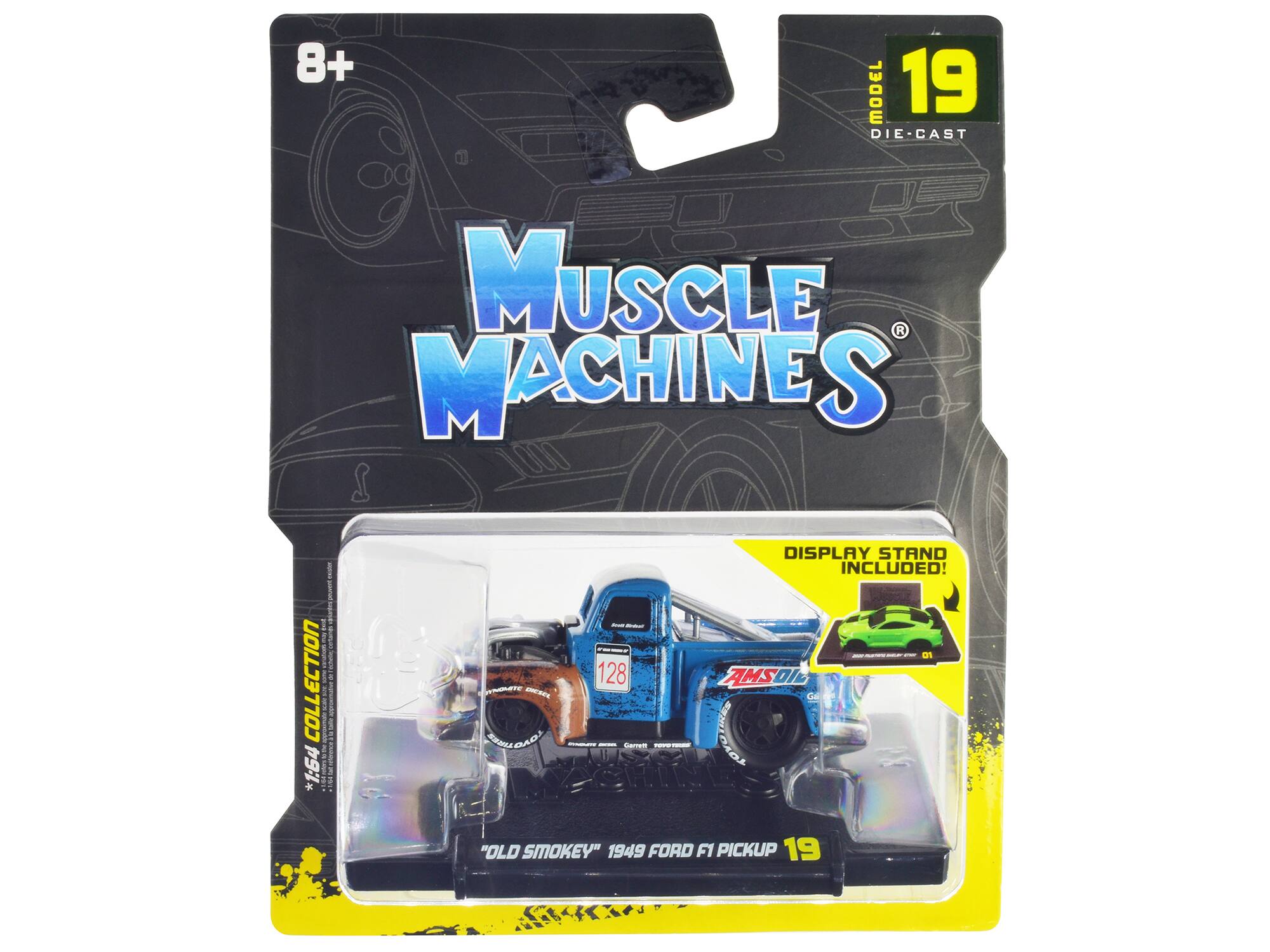 8+ MODEL 19 DIE-CAST MUSCLE MACHINES COLLECTION 1:64 MA * MTE - aA BAO - - 128 - - - Fe - DISPLAY STAND INCLUDED! "OLD SMOKEY" 1949 FORD F1 PICKUP
