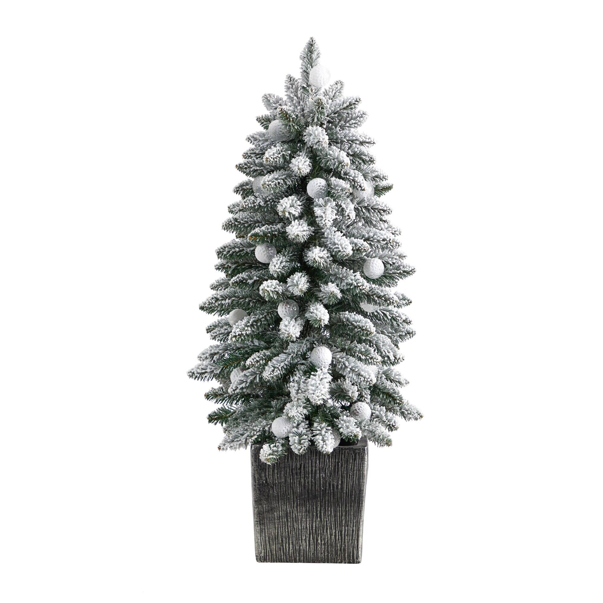 Back. BreeBe - 3’ Flocked Xmas Tree w/127 Tips & 20  Globe Lights in Plntr - Green.