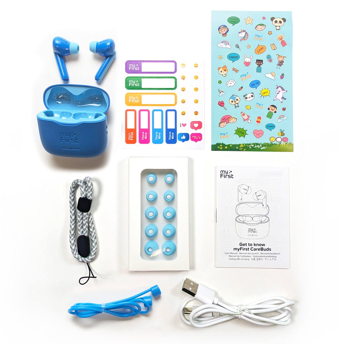 Sure, here is the corrected and grouped text from the image:

---

**myFirst CareBuds**

**Get to know myFirst CareBuds**

- **User Manual / Manuel d'utilisation / Benutzeranleitung / Manual de usuario / Manuale di utilizzo / Manual de utilização / Manual de usuario / Manual de utilização / Manual de usuario / Manual de utilização / Manual de usuario / Manual de utilização / Manual de usuario / Manual de utilização / Manual de usuario / Manual de utilização / Manual de usuario / Manual de utilização / Manual de usuario / Manual de utilização / Manual de usuario / Manual de utilização / Manual de usuario / Manual de utilização / Manual de usuario / Manual de utilização / Manual de usuario / Manual de utilização / Manual de usuario / Manual de utilização / Manual de usuario / Manual de utilização / Manual de usuario / Manual de utilização / Manual de utilização / Manual de utilização / Manual de utilização / Manual de utilização / Manual de utilização / Manual de utilização / Manual de utilização / Manual de utilização / Manual de utilização / Manual de utilização / Manual de utilização / Manual de utilização / Manual de utilização / Manual de utilização /