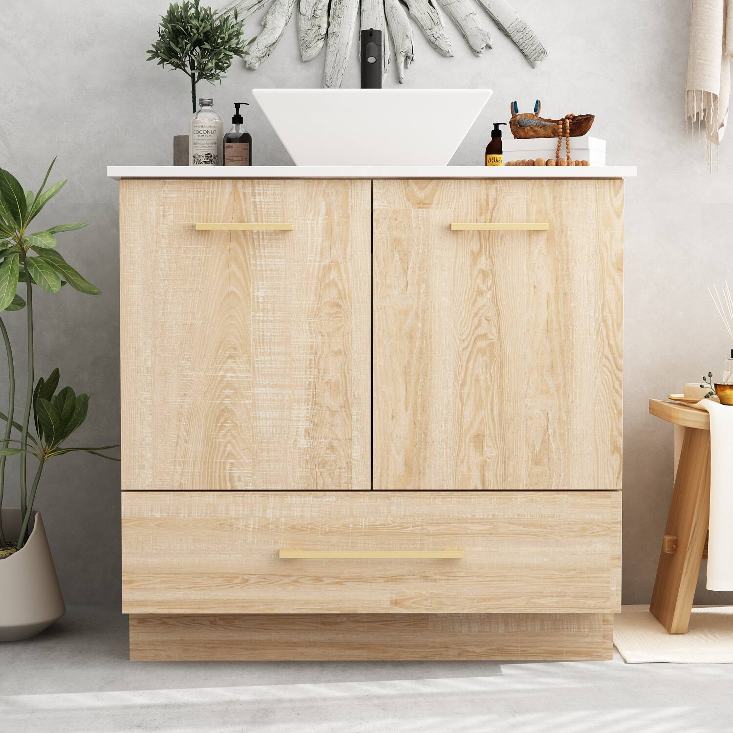 Alt View 1. Famapy - Bathroom Vanity with Ceramic Sink – Modern Natural Wood-Style Storage Cabinet with Drawers & Countertop Space - White & Wooden.