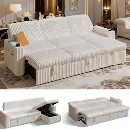 Dyonery - 101" Sectional Sleeper Sofa Bed with Pull Out Bed, L Shaped Couch Sleeper Sofa,Plush Corduroy Beige - Beige