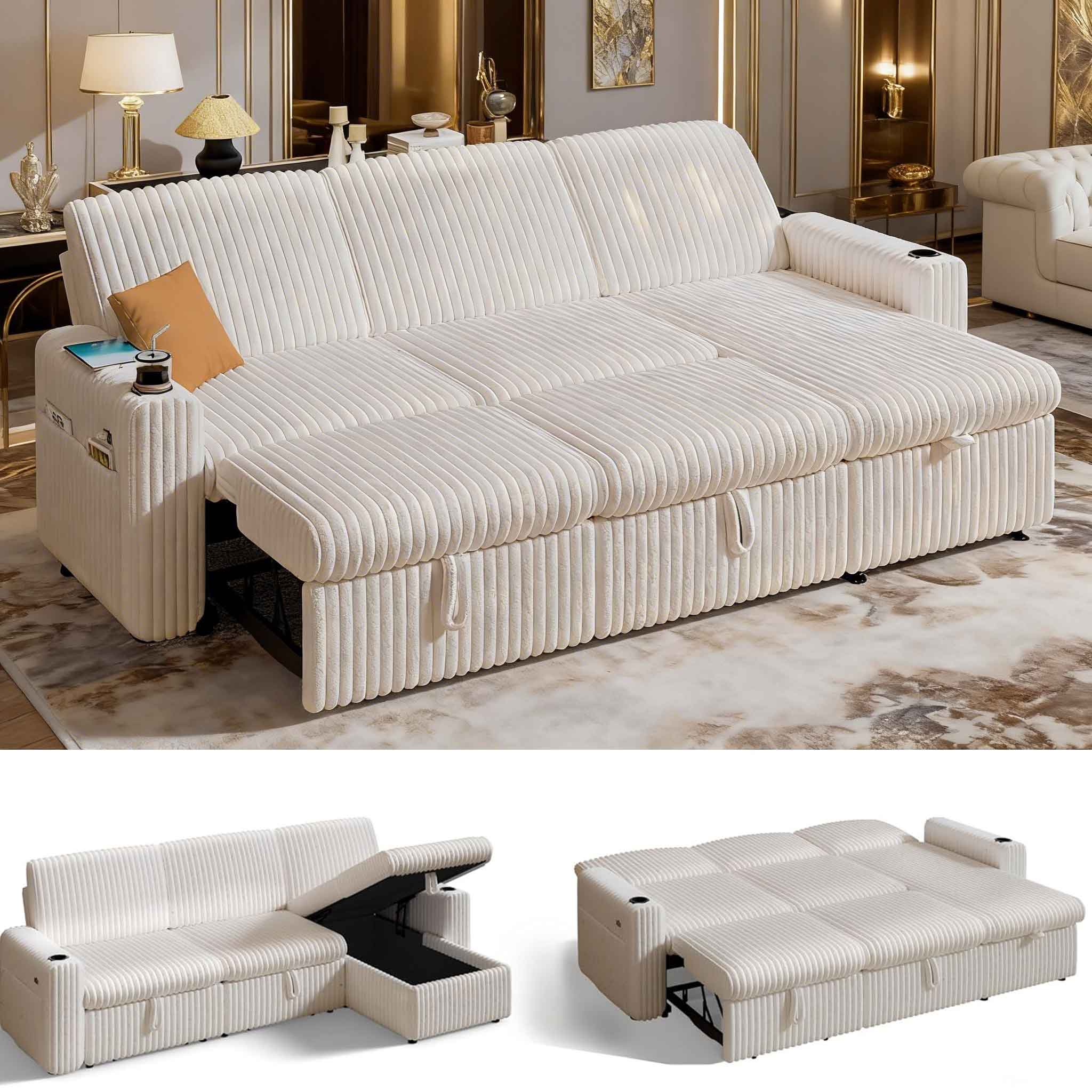 Dyonery - 101" Sectional Sleeper Sofa Bed with Pull Out Bed, L Shaped Couch Sleeper Sofa,Plush Corduroy Beige - Beige