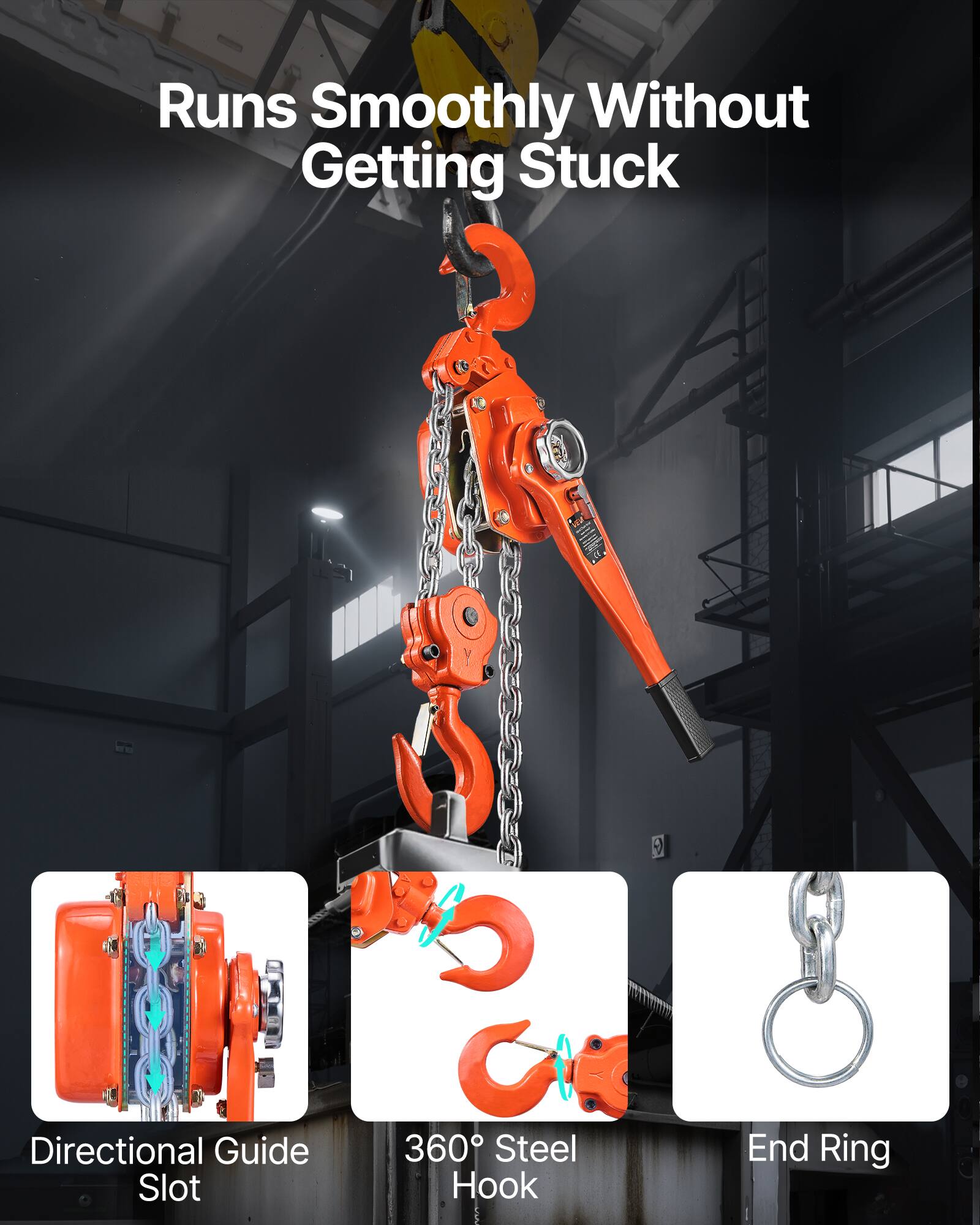 Runs Smoothly Without Getting Stuck

Directional Guide Slot

360° Steel Hook

End Ring