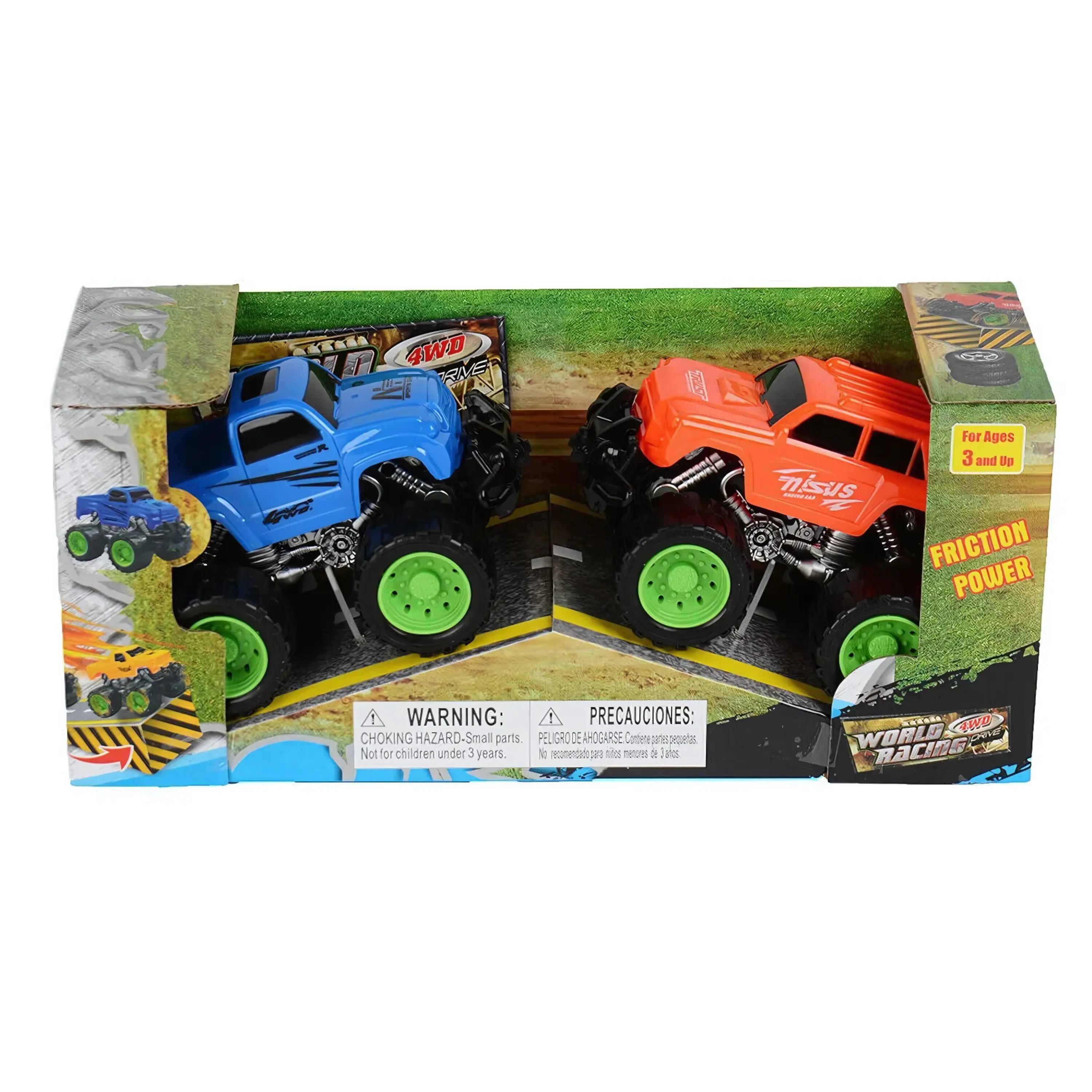 4WD RVE  
For Ages 3 and Up  

WARNING:  
CHOKING HAZARD - Small parts. Not for children under 3 years.  

PRECAUCIONES:  
PELIGRO DE AHOGARSE - Contiene piezas pequeñas. No recomendado para niños menores de 3 años.  

FRICTION POWER  

WORLD 4WD RACING