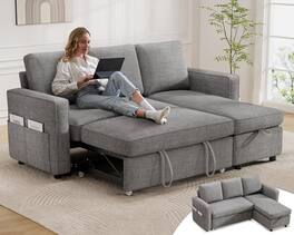 Dyonery - 81" Sleeper Sofa Bed, 2 in 1 Pull Out Couch with Reversible Storage Chaise, Light Grey - Light Gray