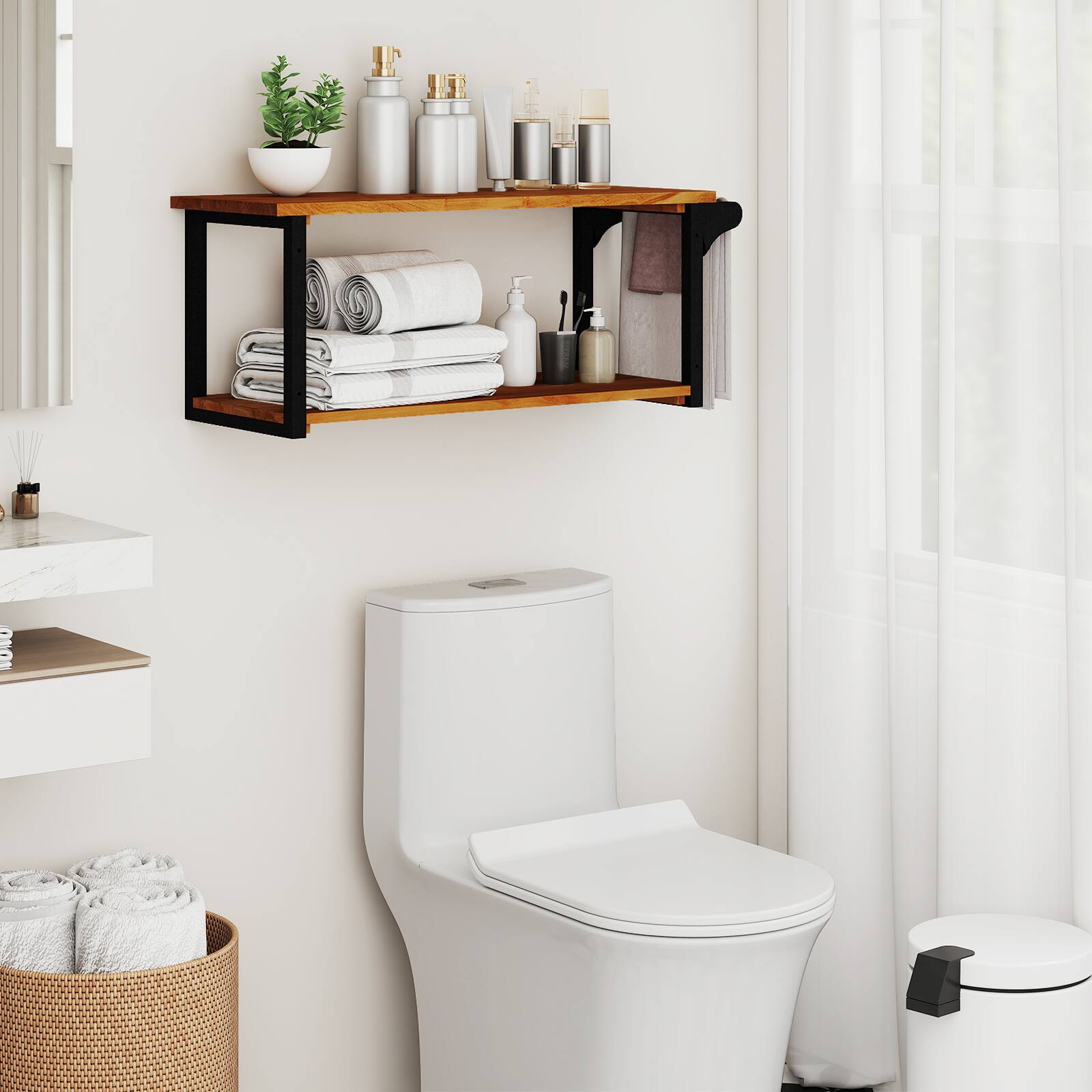 Alt View 1. Gymax - Gymax 40.5'' Long 2-Tier Storage Rack w/ Towel Bar Wall Mounted Floating Shelves - Brown.