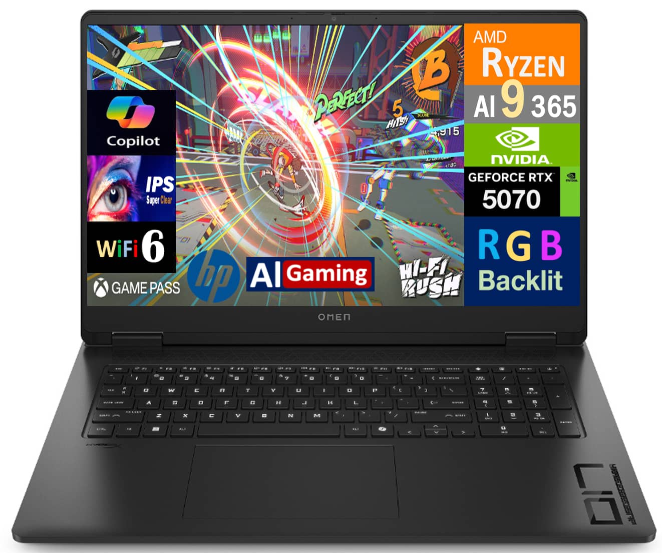 HP - OMEN Gaming Laptop (Ryzen AI 9 365, 16GB, 512GB PCIe SSD, 17.3 QHD (2560x1440), RTX 5070, Win 11 Home)