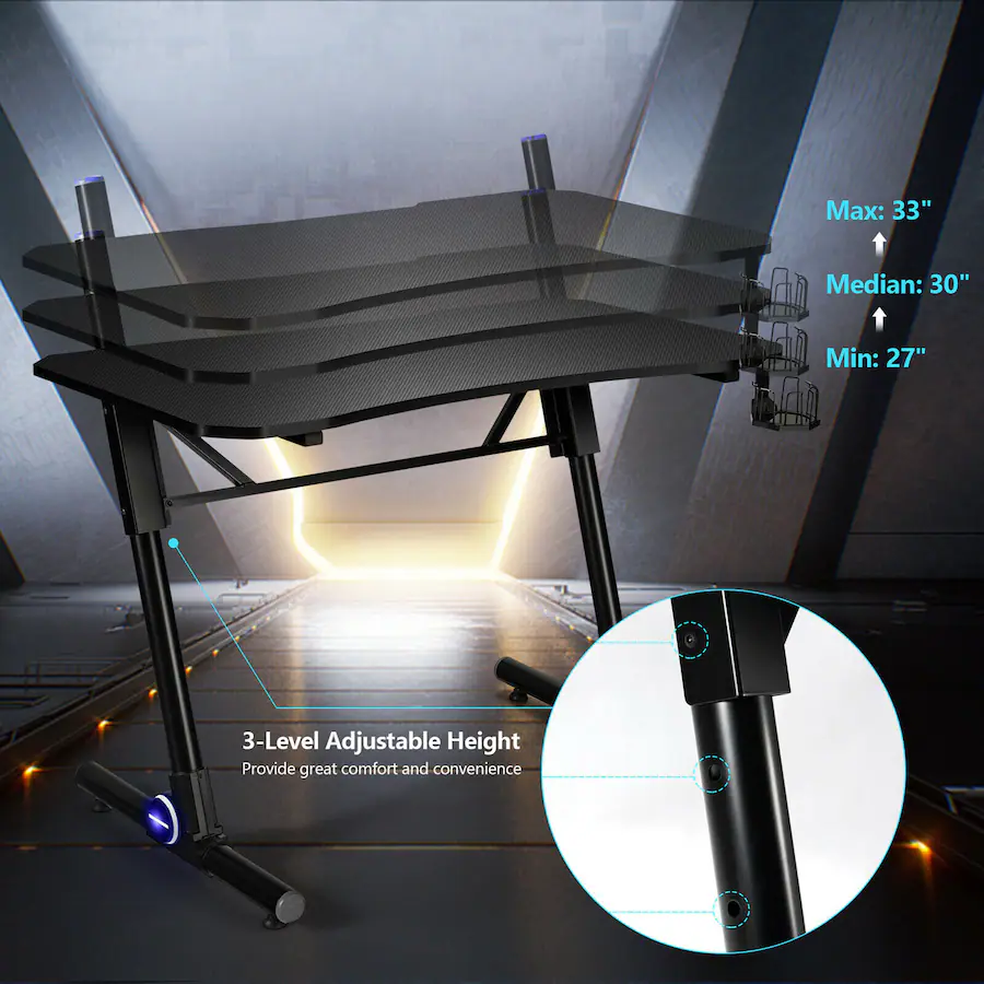 Computer Handle Table Costway Gaming Computer Desk Height Adjustable w/ LED Light & Gaming ...