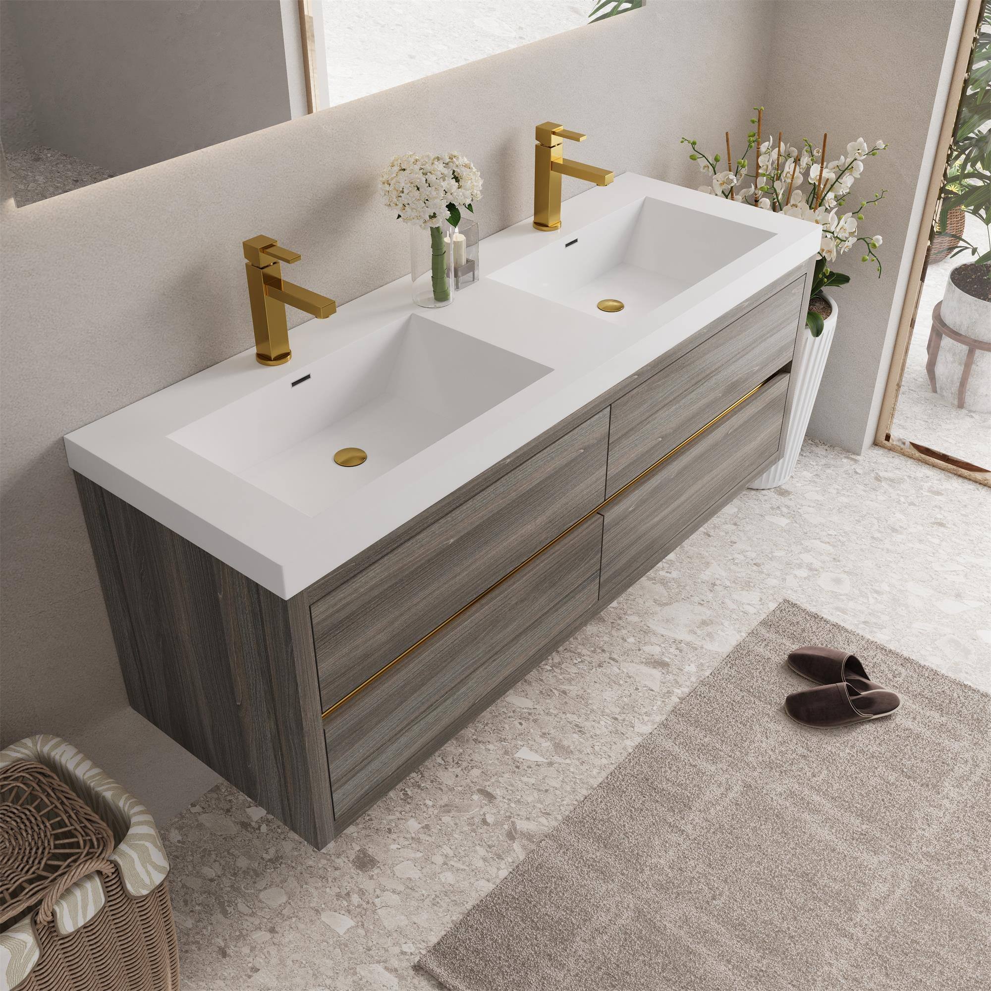 Alt View 2. Boyel Living - 60In Wall Mounted Bathroom Vanity Double Sinks Ash Grey Stone Resin Countertop Soft Close Drawers - Grey Ash.