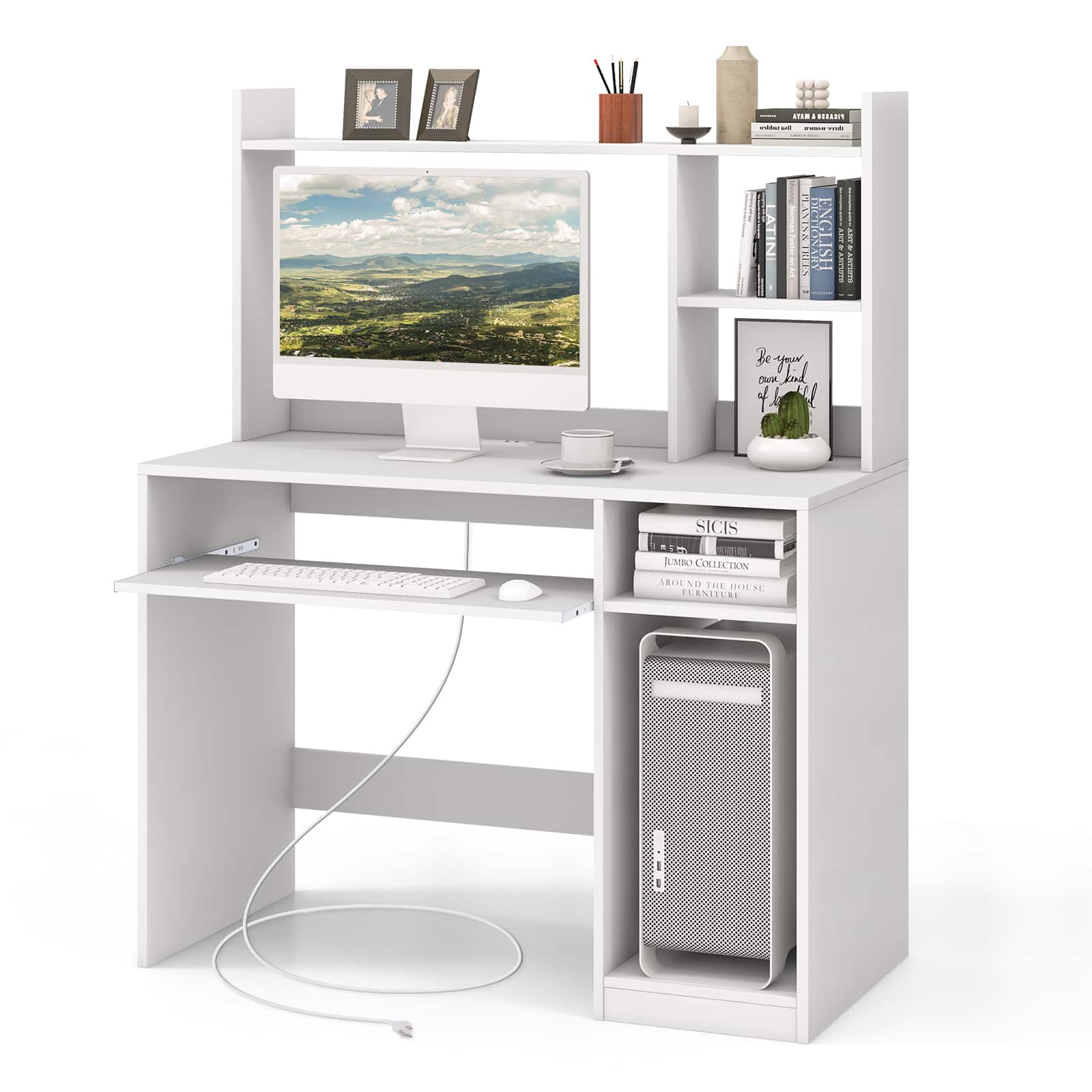 Costway - Computer Desk Study Bookcase Workstation with Charging Station Hutch & CPU Stand - White