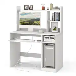 Costway - Computer Desk Study Bookcase Workstation with Charging Station Hutch & CPU Stand - White