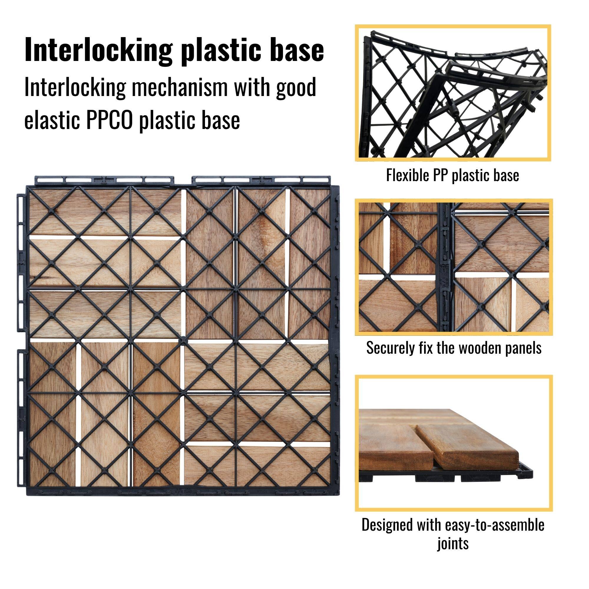 Interlocking plastic base
Interlocking mechanism with good elastic PP plastic base
Flexible PP plastic base
Securely fix the wooden panels
Designed with easy-to-assemble joints