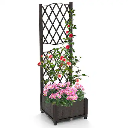 Front. Costway - Costway Raised Garden Bed w/Trellis Planter Box for Climbing Plants 16" x 16" x 53" - Brown.