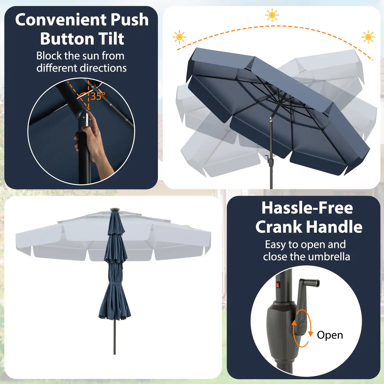 Convenient Push Button Tilt Block the sun from different directions

Hassle-Free Crank Handle Easy to open and close the umbrella