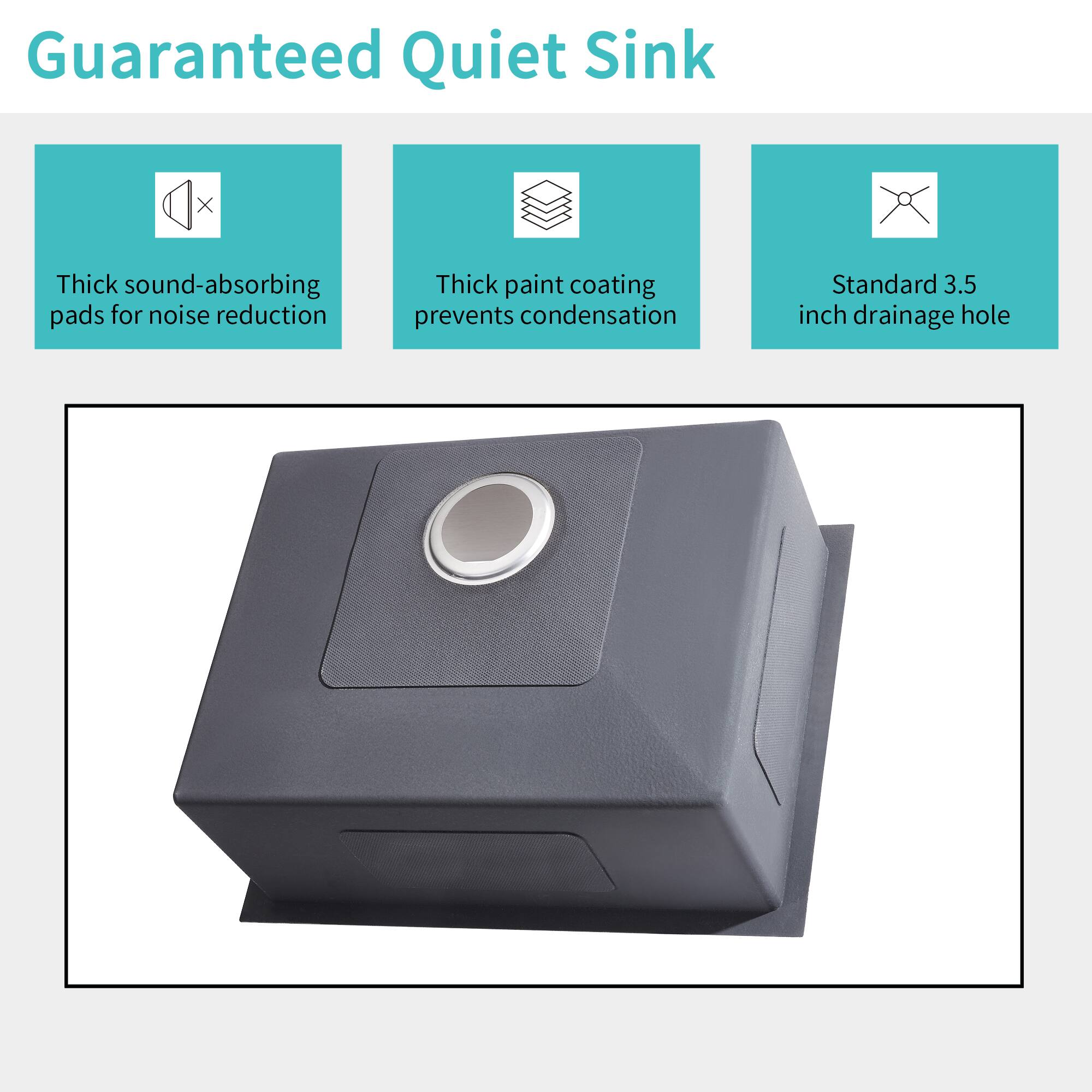 Guaranteed Quiet Sink

- Thick sound-absorbing pads for noise reduction
- Thick paint coating prevents condensation
- Standard 3.5 inch drainage hole