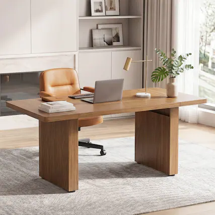 Front. Bestier - 63" Large Modern Fluted Executive Desk, Multi-Purpose Computer Office & Dining Table with 1.5" Thick Top - Brown Oak.