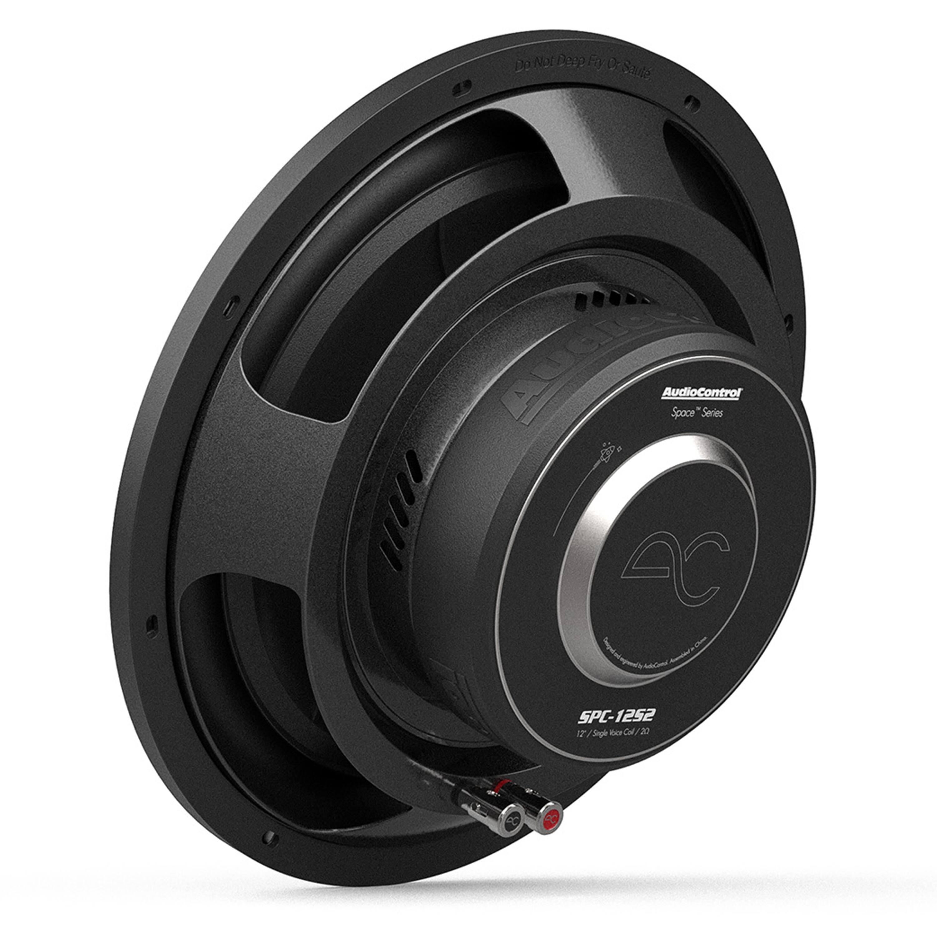 The image features a black speaker with a silver ring on it. The speaker is part of the Space Series by AudioControl. The model number of the speaker is SPC-1252.