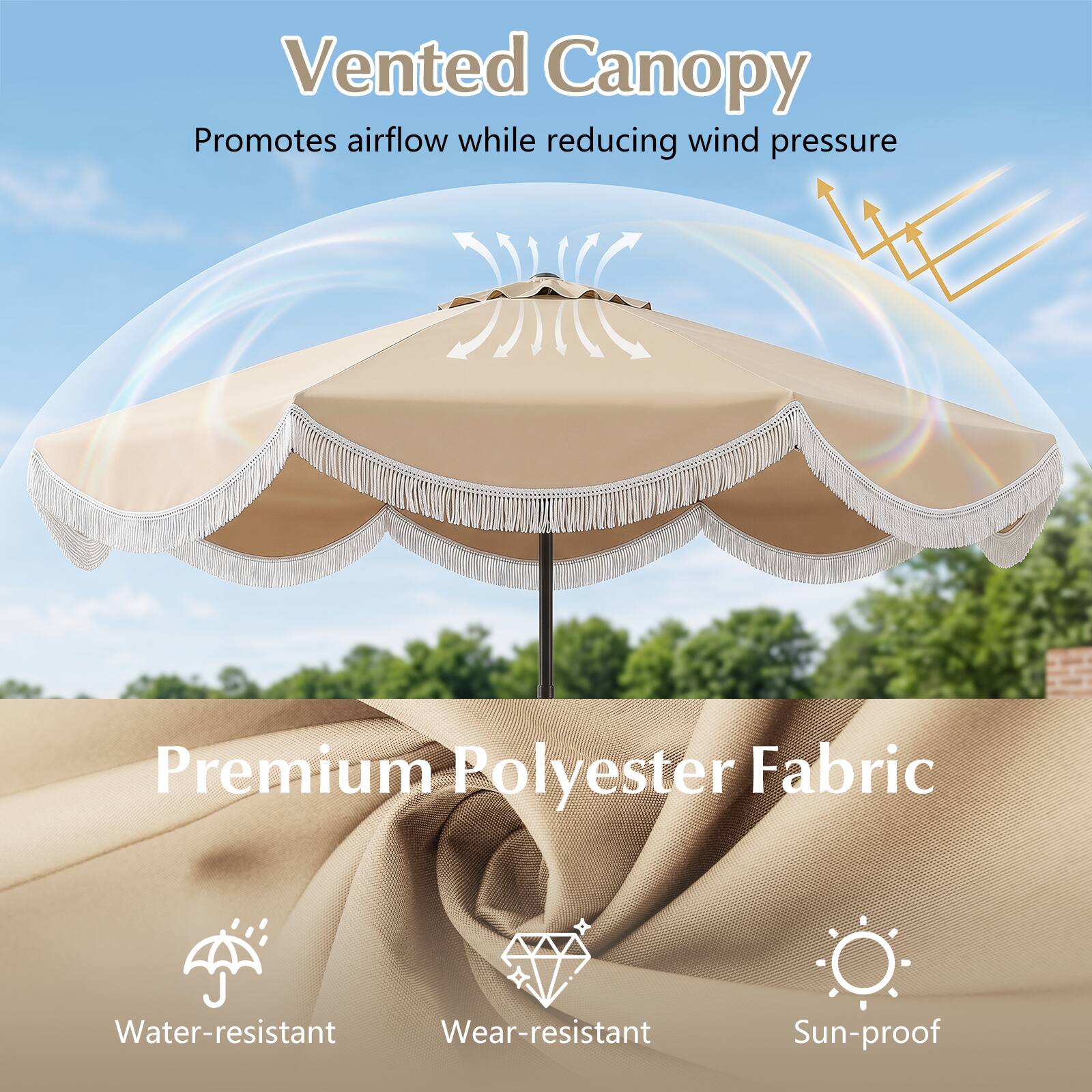 Vented Canopy Promotes airflow while reducing wind pressure

Premium Polyester Fabric
- Water-resistant
- Wear-resistant
- Sun-proof