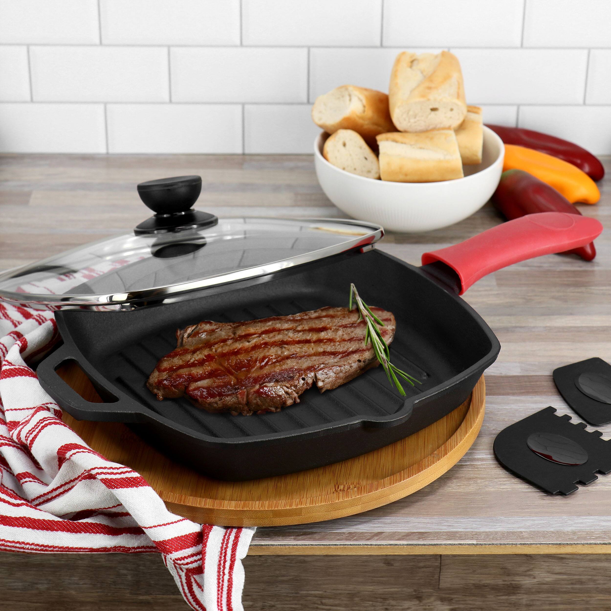 Alt View 7. MegaChef - MegaChef 10.4 Inch Pre-Seasoned Cast Iron Griddle with Tempered Glass Lid - Black and Red.