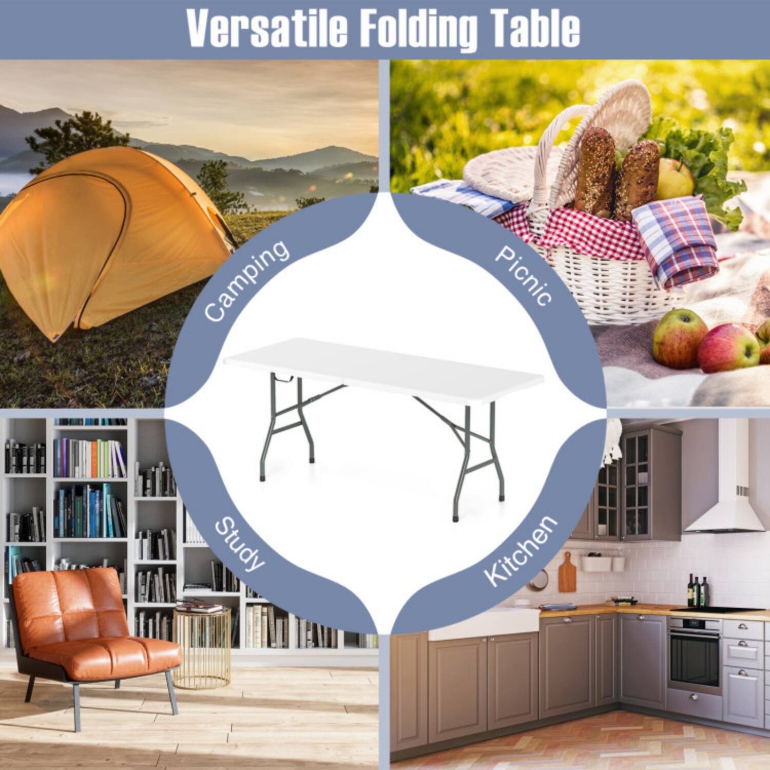 Versatile Folding Table

- Camping
- Picnic
- Study
- Kitchen