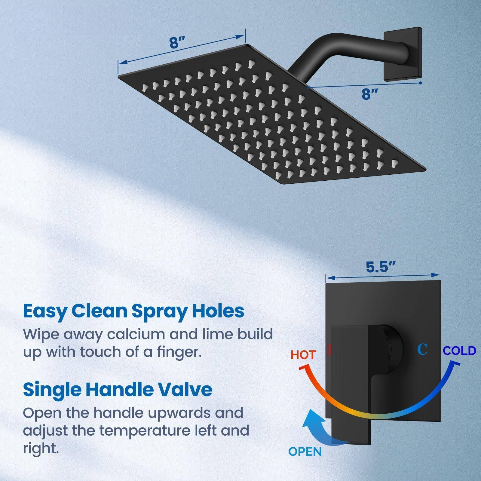 Easy Clean Spray Holes  
Wipe away calcium and lime build up with touch of a finger.

Single Handle Valve  
Open the handle upwards and adjust the temperature left and right.