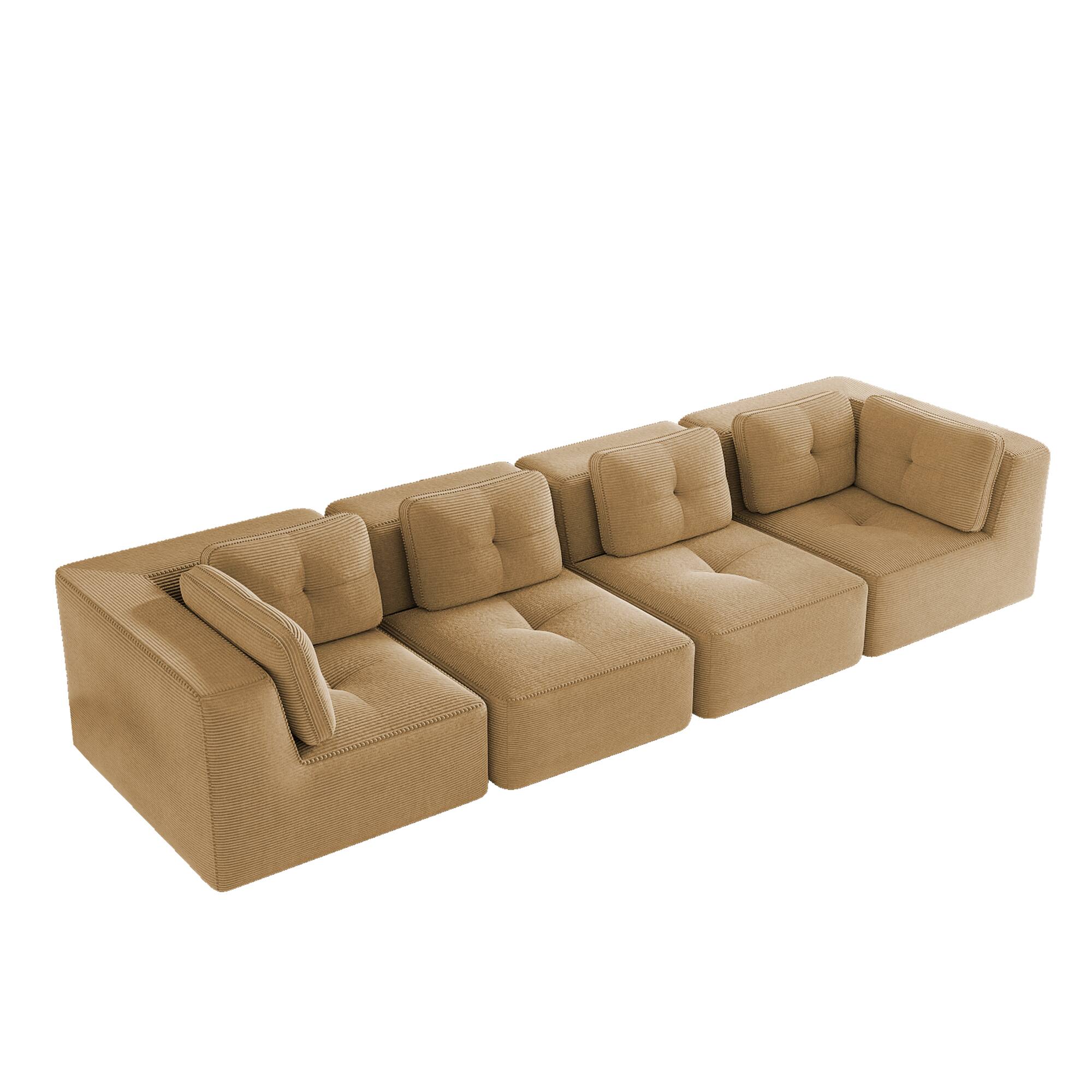 Back. LOVMOR - Modular Deep Seat No Assembly 4 Seater Corduroy Sectional Couch Compressed Pack Anti Slip Tufted For Soft Home - Camel.