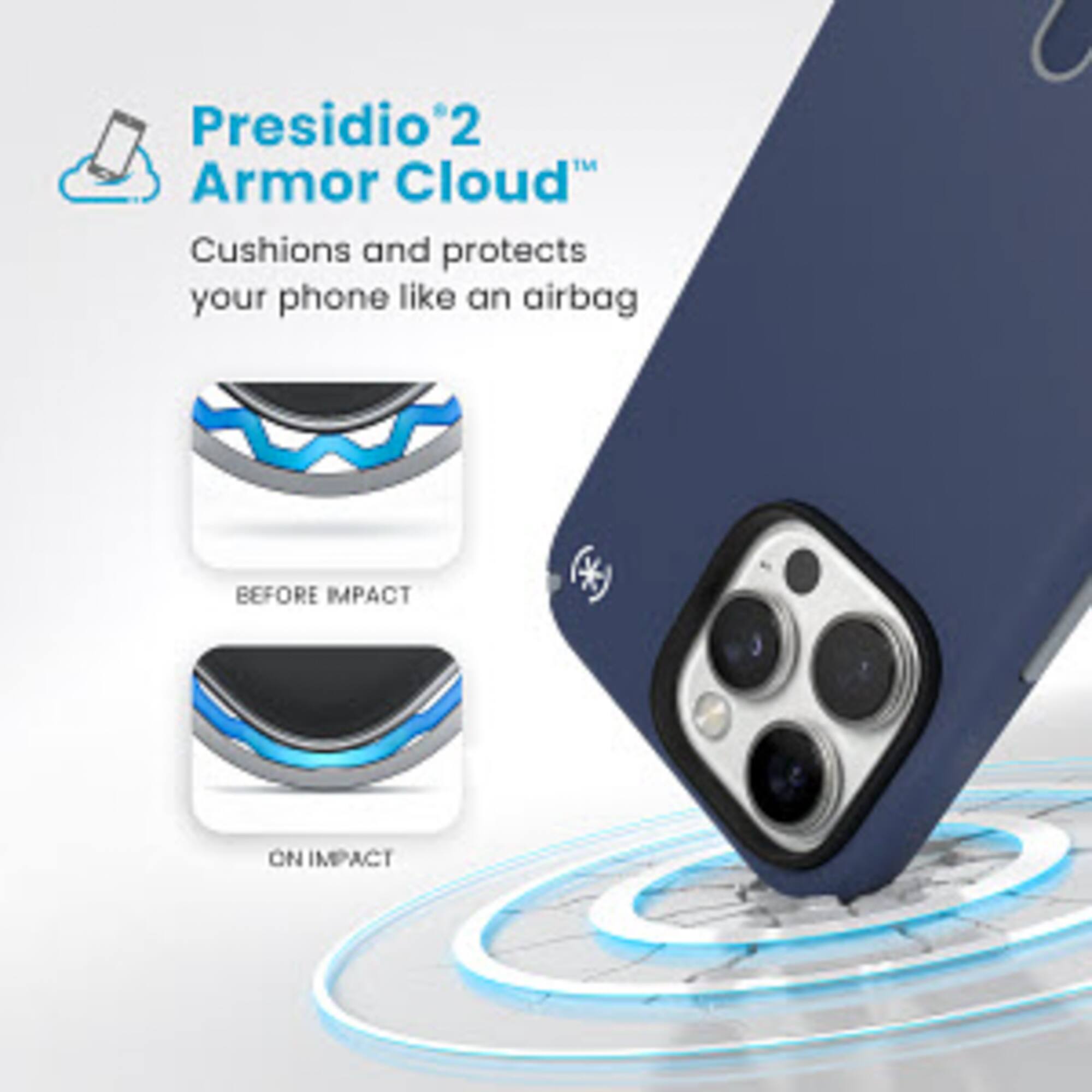Presidio2 Armor Cloud: Cushions and protects your phone like an airbag. Before impact. On impact.