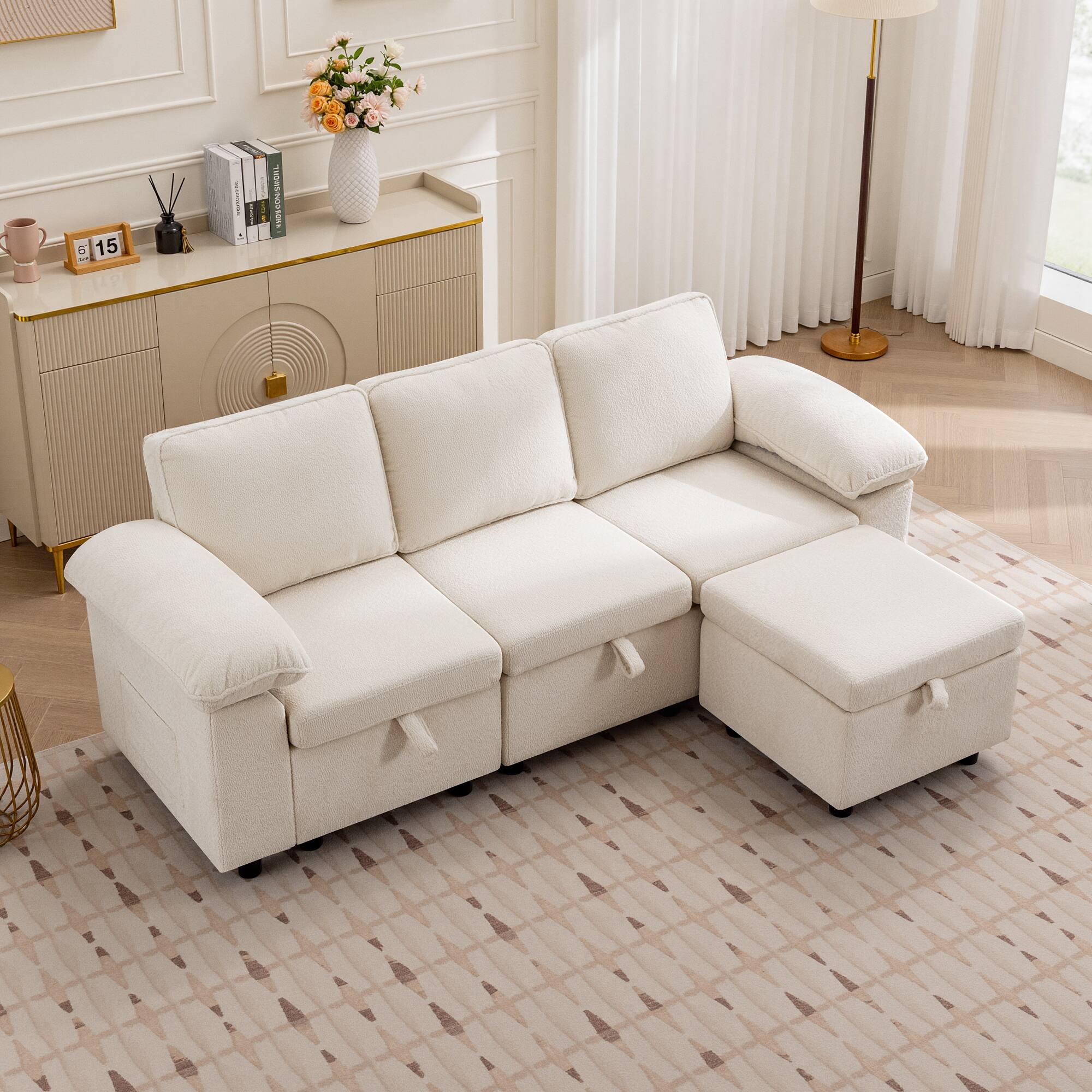 Alt View 6. KERDOM - Oversized Pullout Sofa Couch with Storage Ottoman, Side Pocket, Washable Covers, Sectional Sofa Bed Free Combination - White-A.