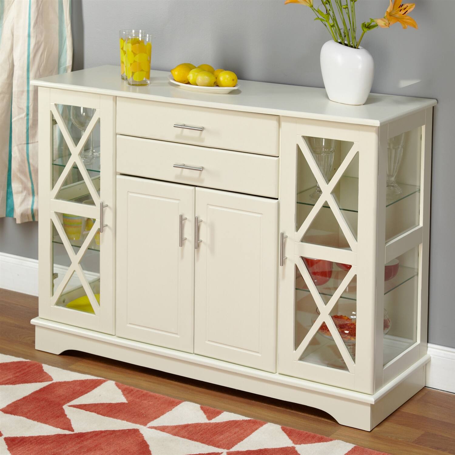Front. Hivvago - White Wood Buffet Sideboard Cabinet with Glass Display Doors - White.