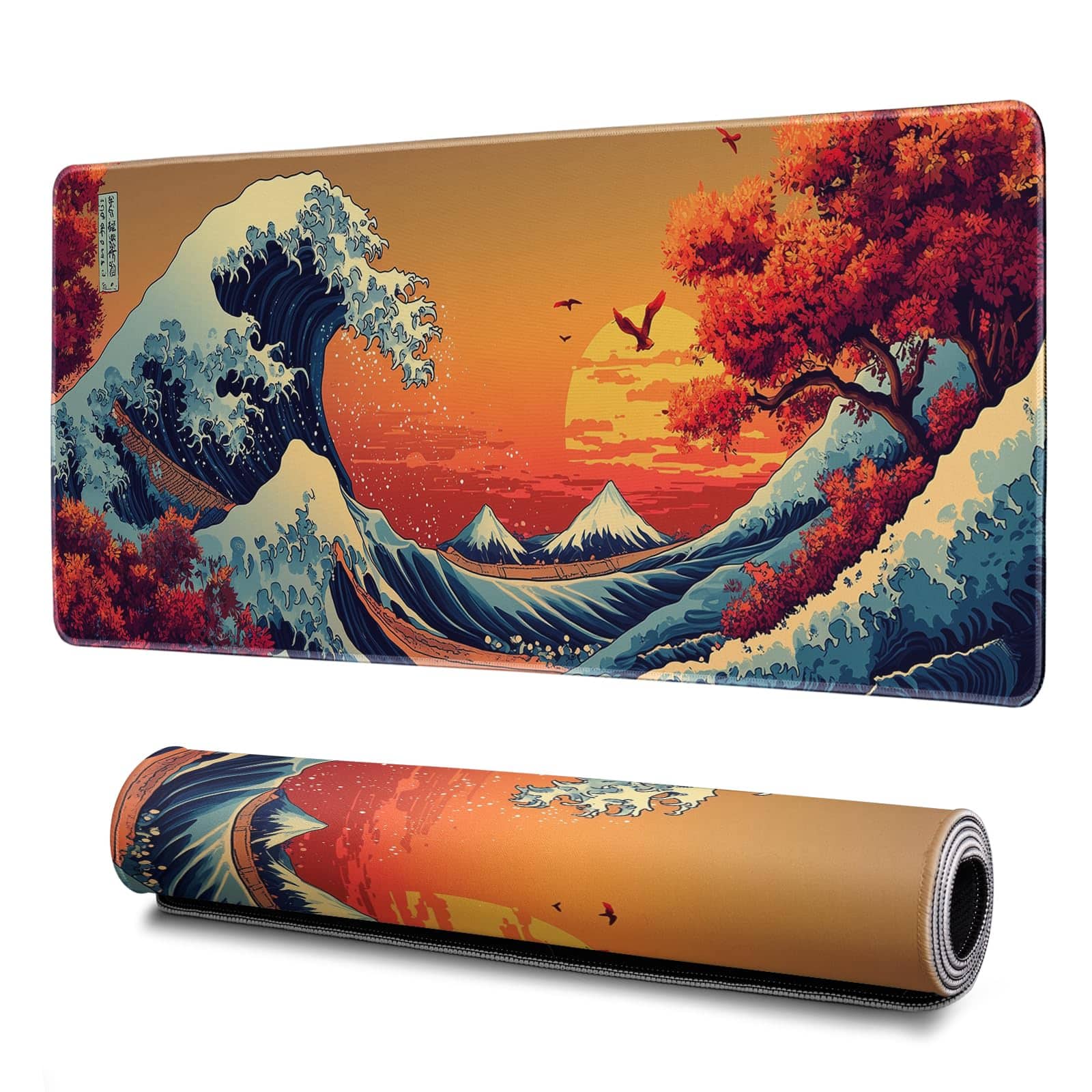 Cozy Serene - Gaming Mouse Pad Abstract Black 31 5x11 8 Inch Sea Wave Texture Non-slip Rubber Base Large Mousepad Stitched Edges Mat - Japanese Sea Wave 2