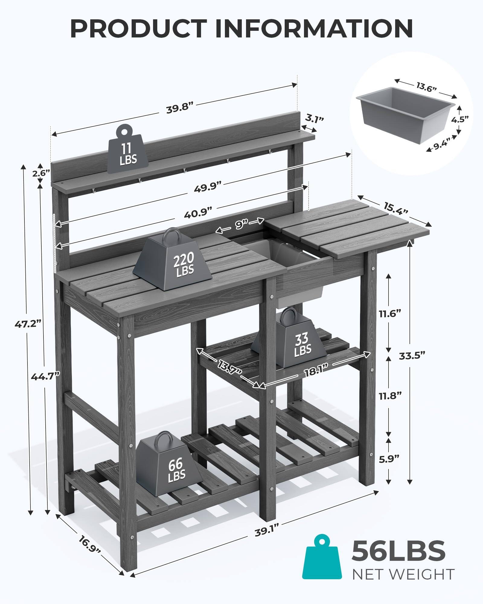 PRODUCT INFORMATION

- 2.6"
- 11 LBS
- 39.8"
- 49.9"
- 40.9"
- 3.1"
- 13.6"
- 4.5"
- 49.4"
- 15.4"
- 220 LBS
- 47.2"
- 44.7"
- 13.7"
- 33 LBS
- 18.1"
- 11.6"
- 33.5"
- 11.8"
- 66 LBS
- 5.9"
- 16.9"
- 39.1"
- 56 LBS
- NET WEIGHT