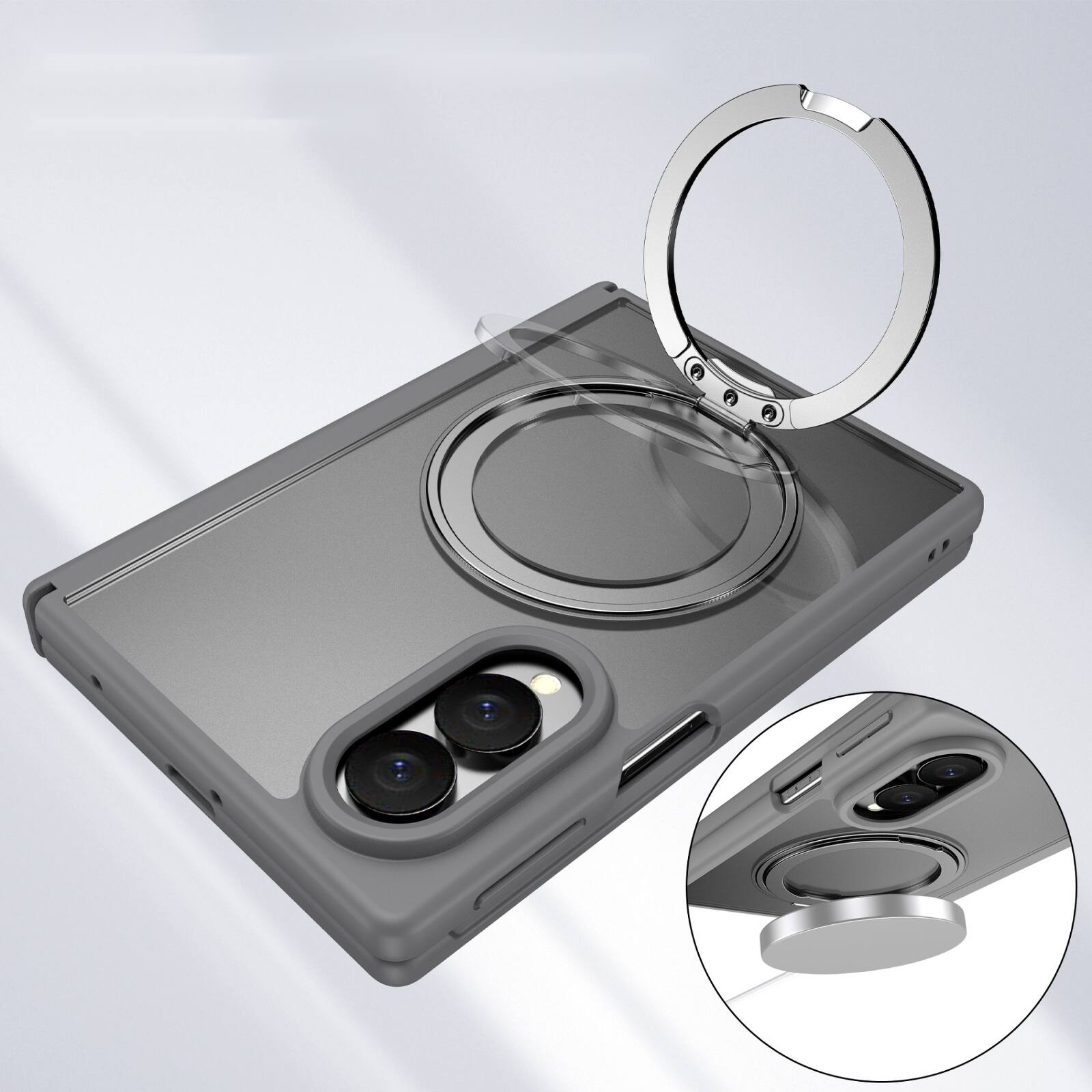 Back. Dteck - Shockproof Case for Samsung Galaxy Z Fold8 with Ring Stand, Magnetic PC Cover Built in Screen Film and Hinge Protection - Gray.