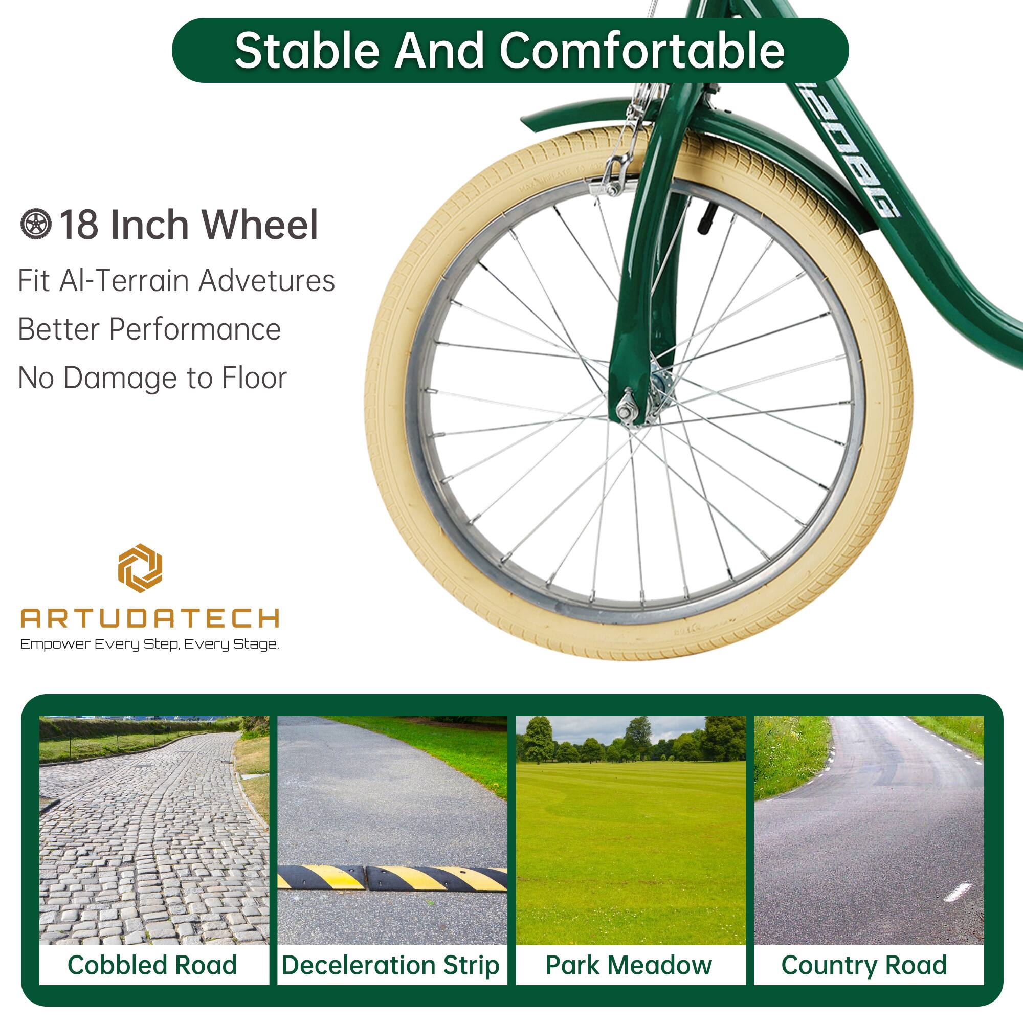 Stable And Comfortable

18 Inch Wheel
Fit All-Terrain Adventures
Better Performance
No Damage to Floor

ARTUDATECH
Empower Every Step, Every Stage.

Cobbled Road
Deceleration Strip
Park Meadow
Country Road