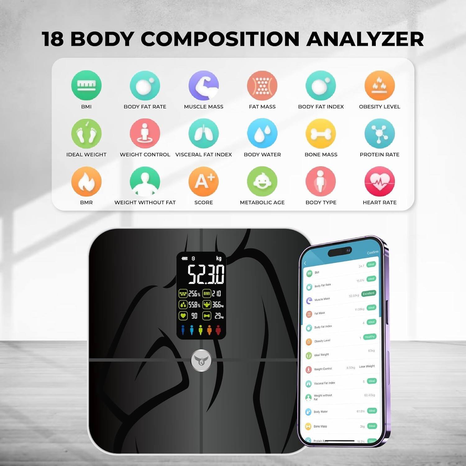 18 BODY COMPOSITION ANALYZER

- BMI
- BODY FAT RATE
- MUSCLE MASS
- FAT MASS
- BODY FAT INDEX
- OBESITY LEVEL
- IDEAL WEIGHT
- WEIGHT CONTROL
- VISCERAL FAT INDEX
- BODY WATER
- BONE MASS
- PROTEIN RATE
- BMR
- WEIGHT WITHOUT FAT
- SCORE
- METABOLIC AGE
- BODY TYPE
- HEART RATE

52.30 kg
25.6% BMI 2.0
55.8% FAT MASS 366
90% MUSCLE MASS 29.4
A+ SCORE
67 METABOLIC AGE
36.6 VISCERAL FAT INDEX
60.4kg WEIGHT WITHOUT FAT
6.1% BODY WATER
3.4kg BONE MASS

Confirm
- BMI: 24.7 (Normal)
- Body Fat Rate: 25.1% (Normal)
- Muscle Mass: 30.5kg (Normal)
- Fat Mass: 11.8kg (Normal)
- Body Fat Index: 4 (Normal)
- Obesity Level: 1 (
