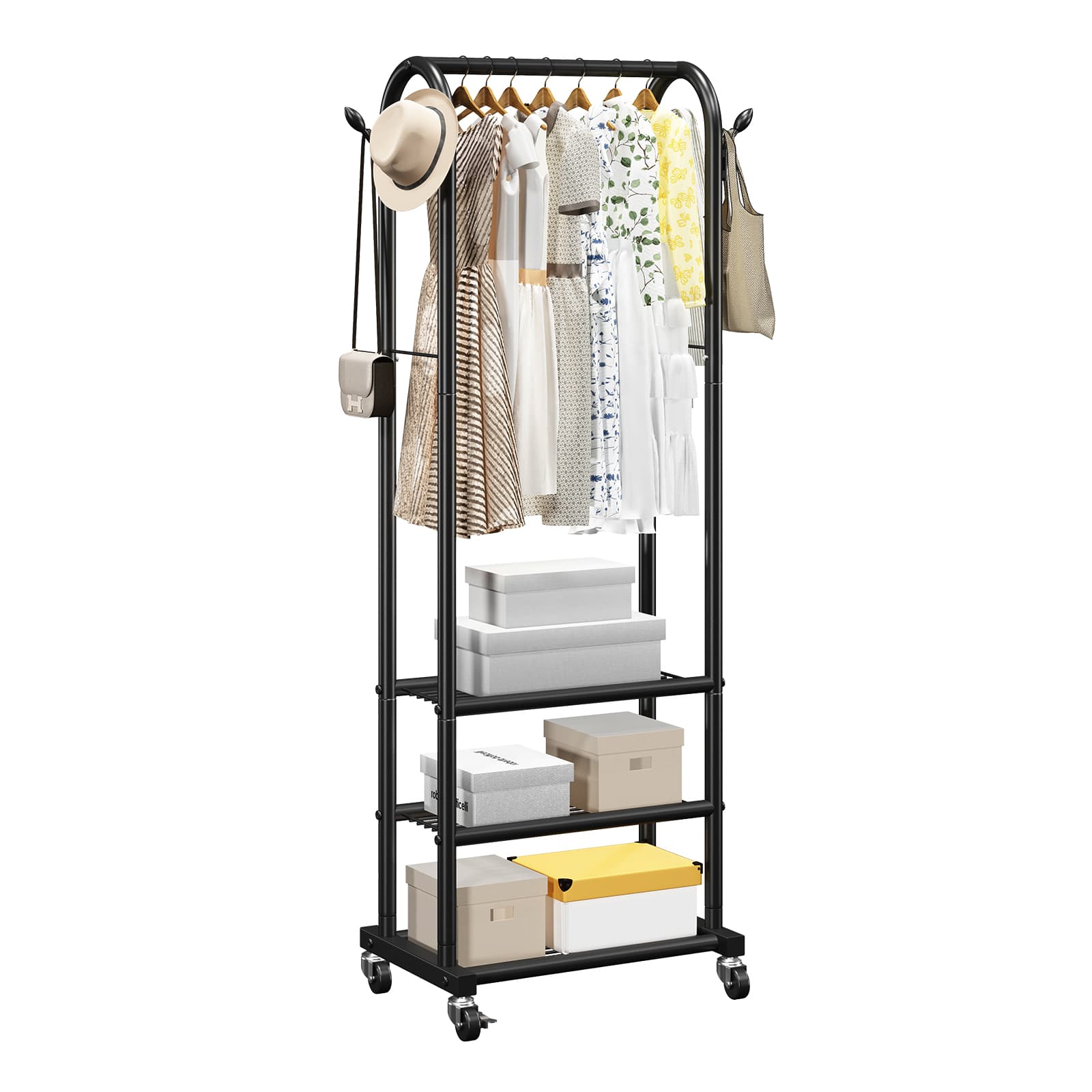 VEVOR - Clothes Rack, Rolling Clothing Garment Rack with Hanging Rod and Side Hooks, 3 Storage Shelves, 99 lbs Load Capacity - Black