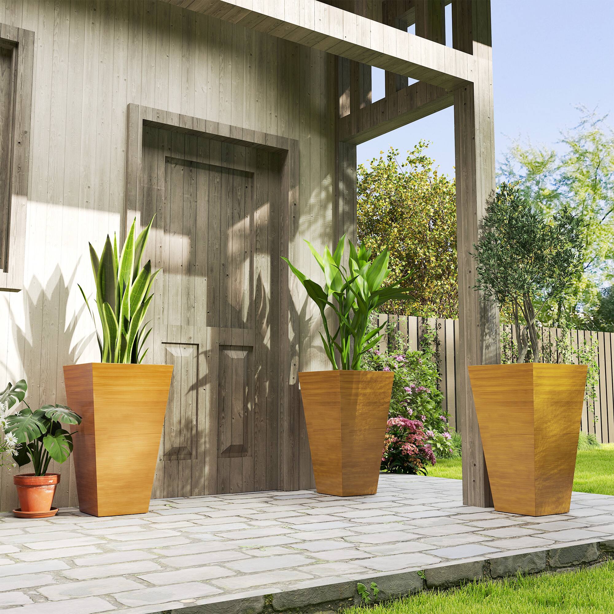 Alt View 1. Outsunny - Tall Planter for Outdoor Plants Set of 3, 28 Inch Taper Planter with Drainage Holes, Wood Grain Decor Garden Pot - Brown.