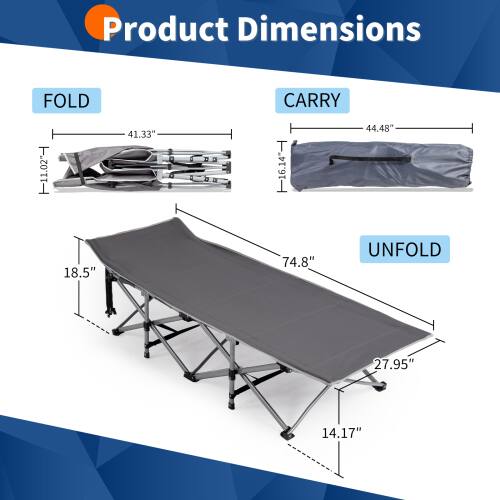 Product Dimensions

FOLD
- 41.33" (104.99 cm)

CARRY
- 44.48" (112.97 cm)

UNFOLD
- 74.8" (189.97 cm)
- 27.95" (71.01 cm)
- 18.5" (47.0 cm)
- 14.17" (36.01 cm)