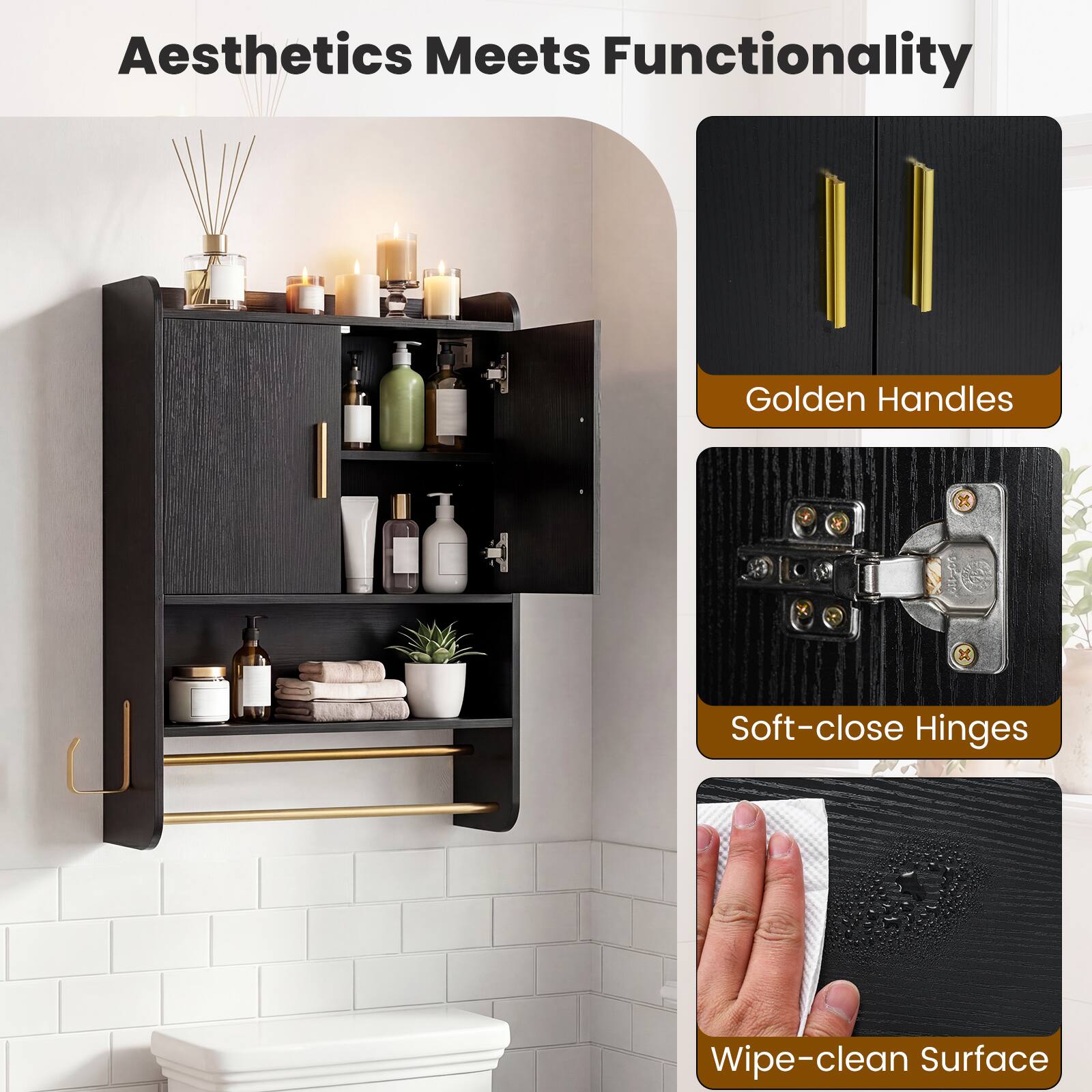 Aesthetics Meets Functionality

- Golden Handles
- Soft-close Hinges
- Wipe-clean Surface